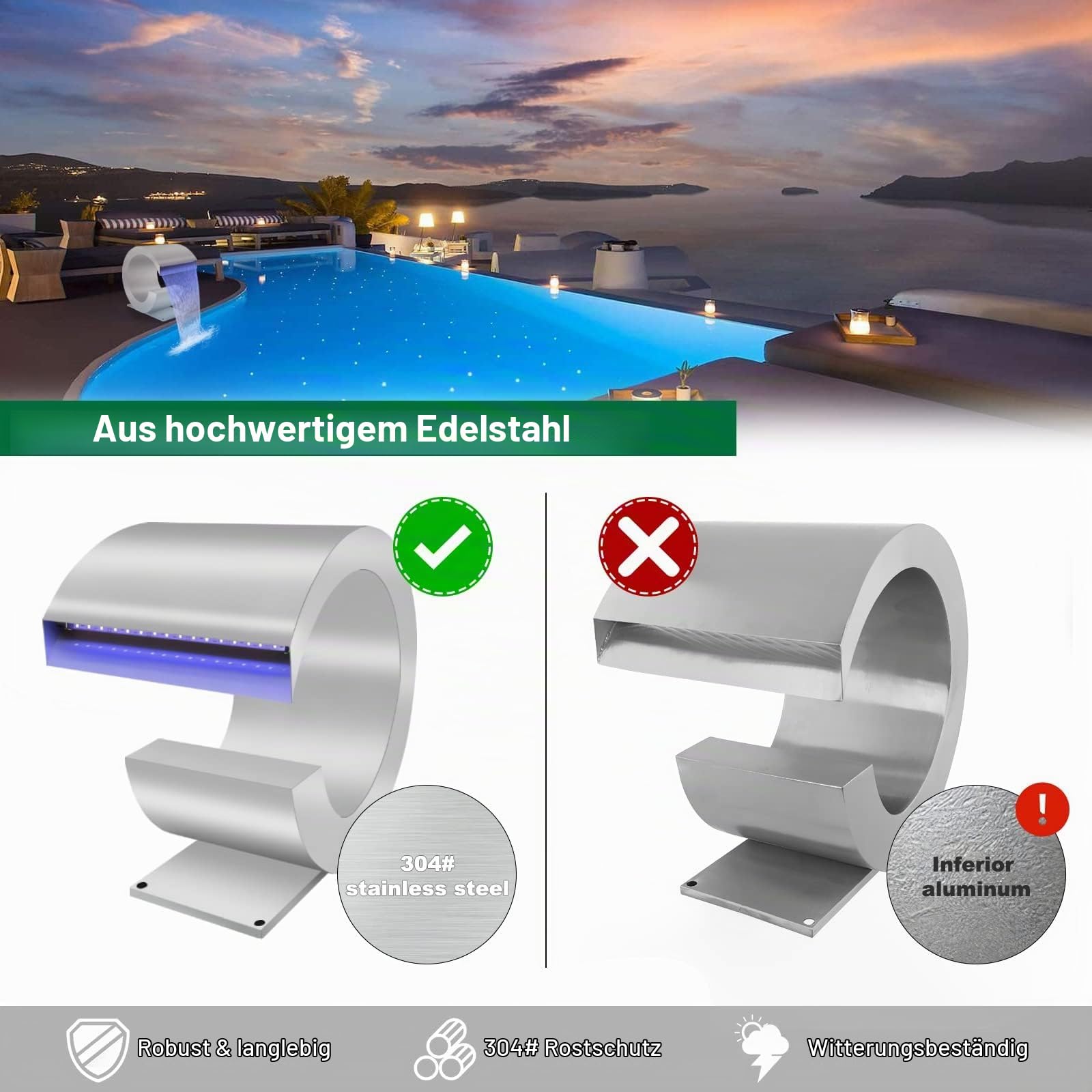 Longrun J -förmiger Wasserfall Spillway Edelstahl Swimmingpool Brunnen, RF & App Kontrollierte LED Licht Outdoor Teichwasserfälle Kit für Garten Terrasse Pool Koi Teiche Dekoration-34.5 cm Höhe
