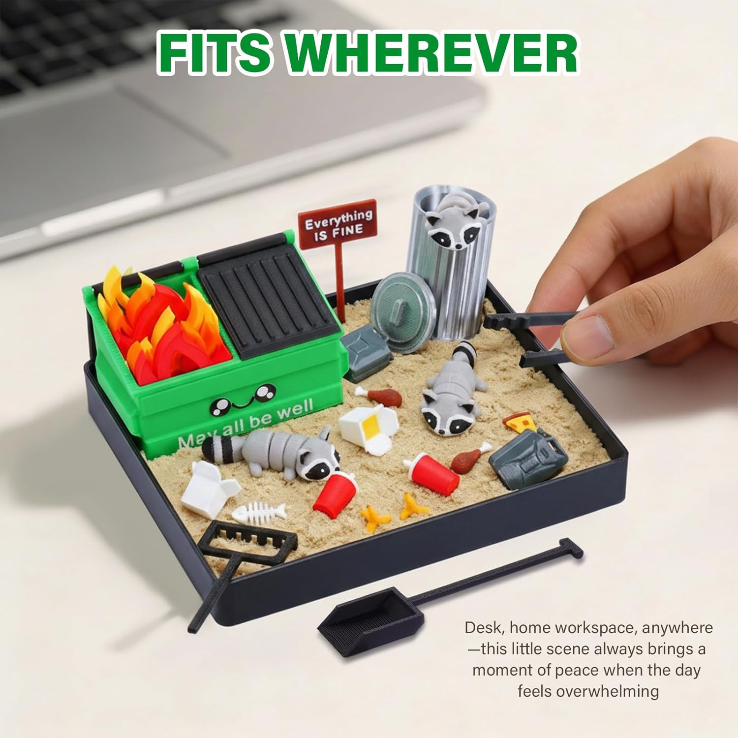 Dumpster Fire Zen Garden - Funny Satirical Mini Desk Sand Garden, Small Compact Stress Relief Office Accessory, Unique Desk Toy for Work/School