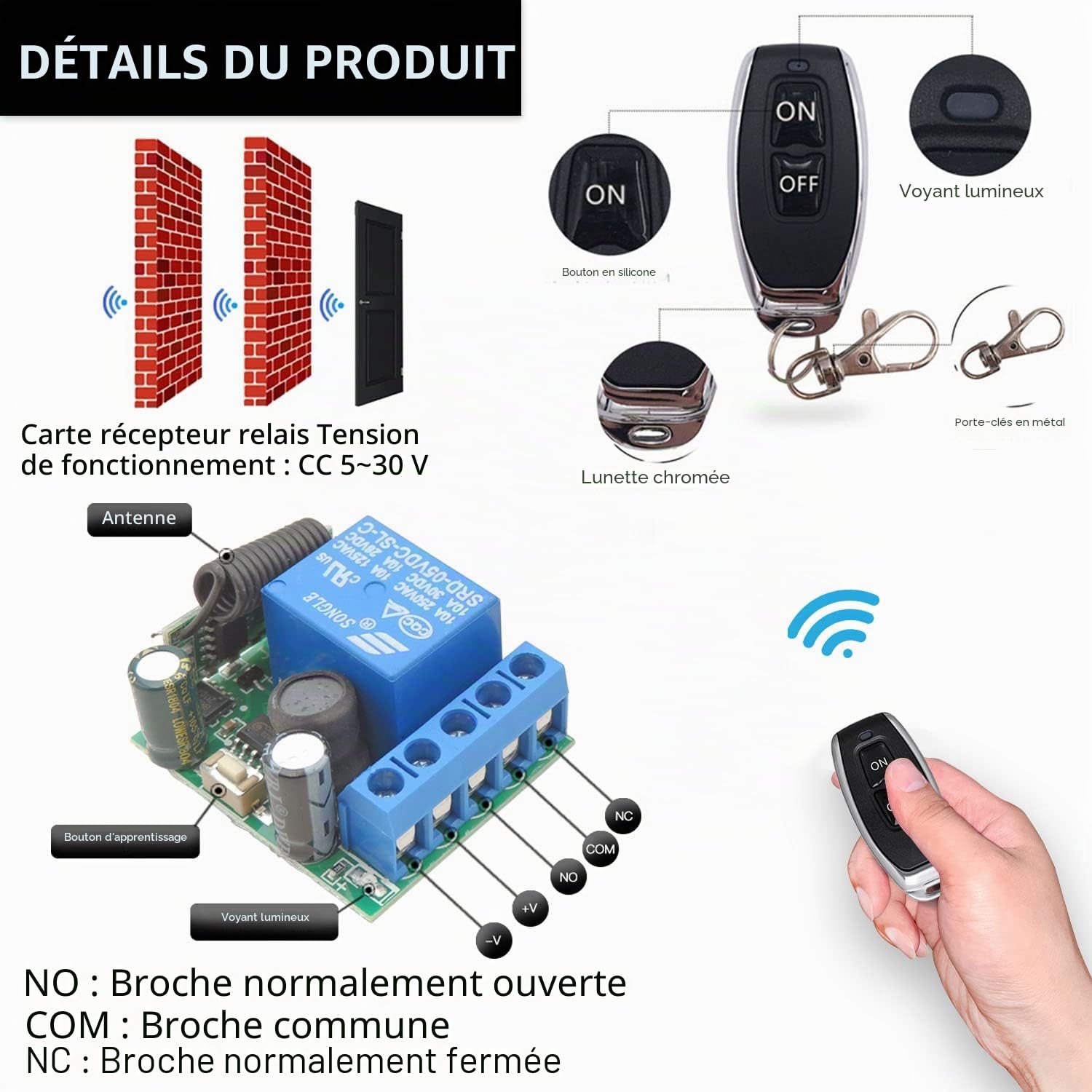 DieseRC Commutateur de Télécommande sans Fil 433Mhz 5V 12V 24V 1 Canal Radio Commande Relais Récepteur avec 5 émetteurs Porte-clés Contacts sans potentiel contrôleur de Relais