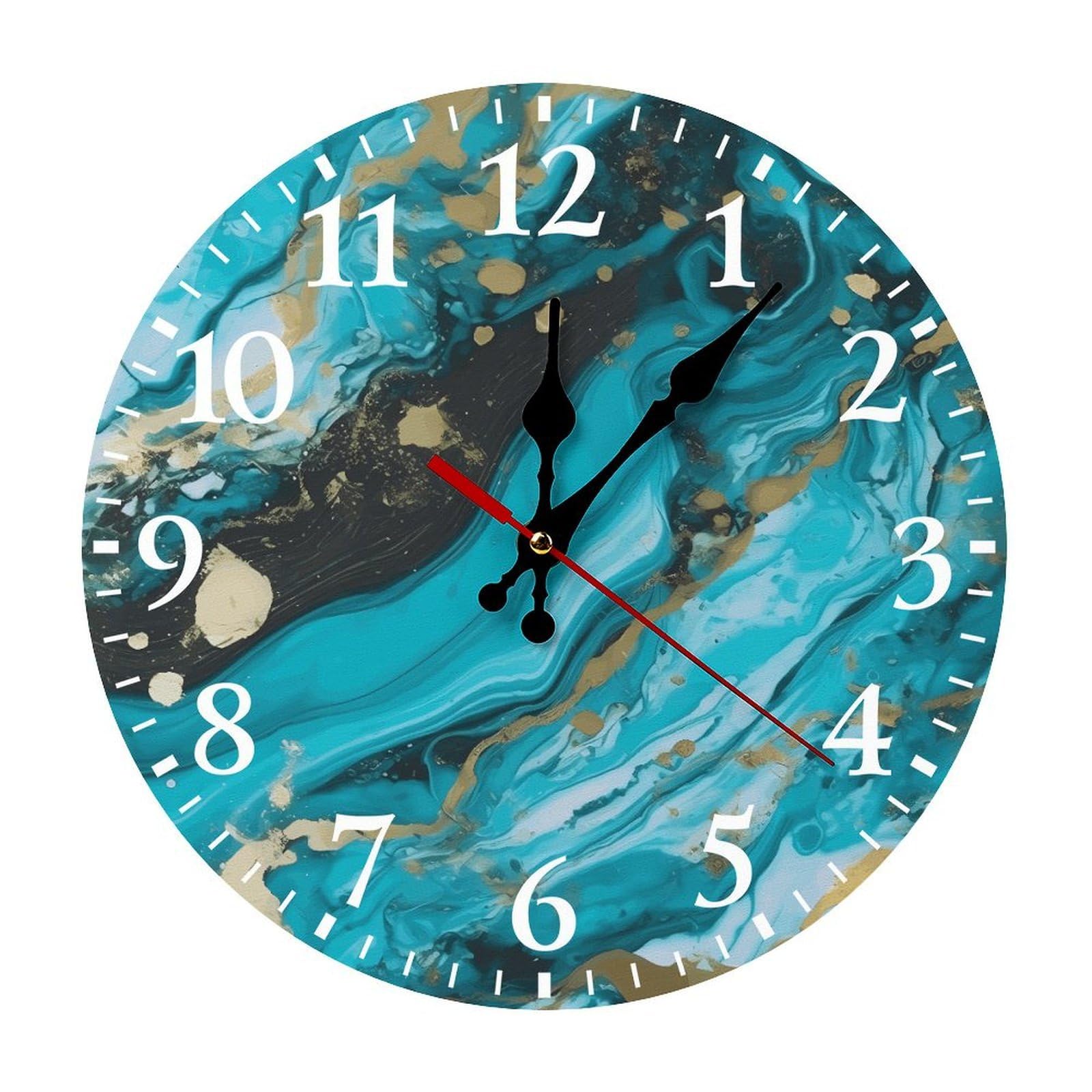 QMNLKH Turquoise Blue Gold Marble Wall Clock for Home, Battery Operated Clock for Hotel, Round Wall Clock with Arabic Numerals White, Easy to Read, Non-Ticking Clocks for Living Room 25 * 25cm