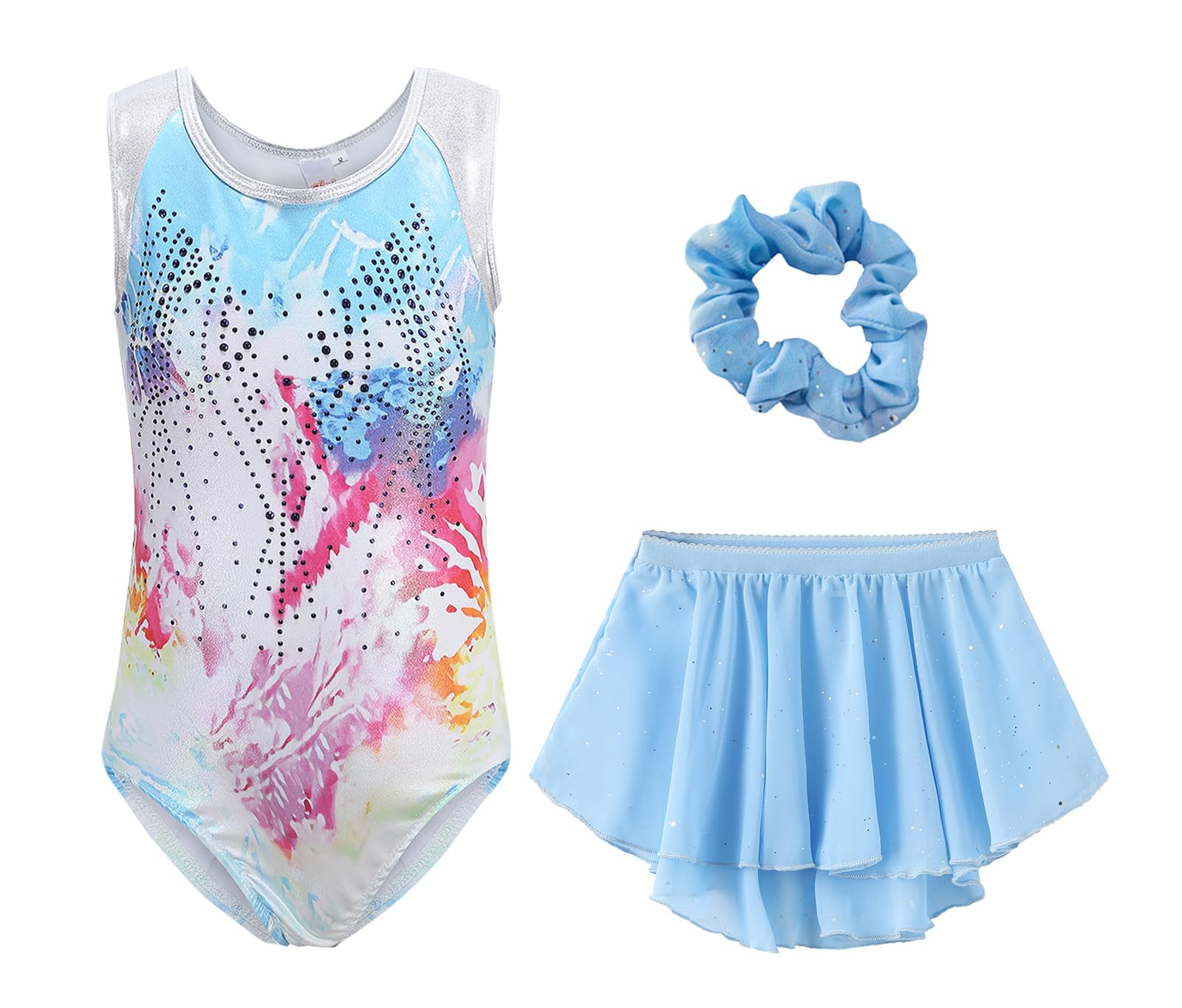 Justaucorps de gymnastique 3 pièces pour fille - Sans manches - Strass brillants - Combinaison avec jupe amovible