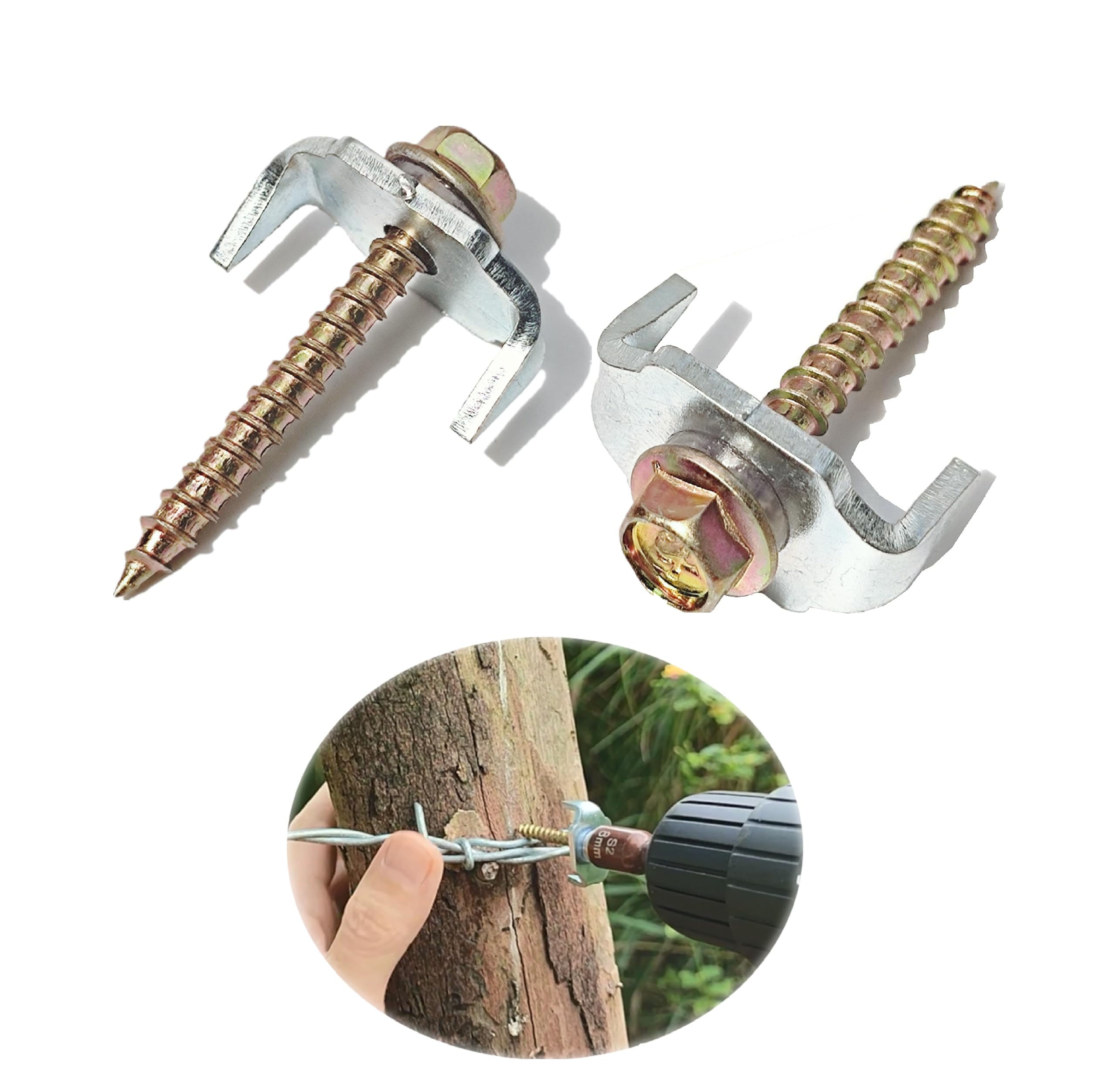 Fencing Fasteners Post Screw with Wire Fixer, 100 Pcs Fence Staple Nails for Wire Mesh and Woven Fencing, Quickly Install in Wood with Power Drill …