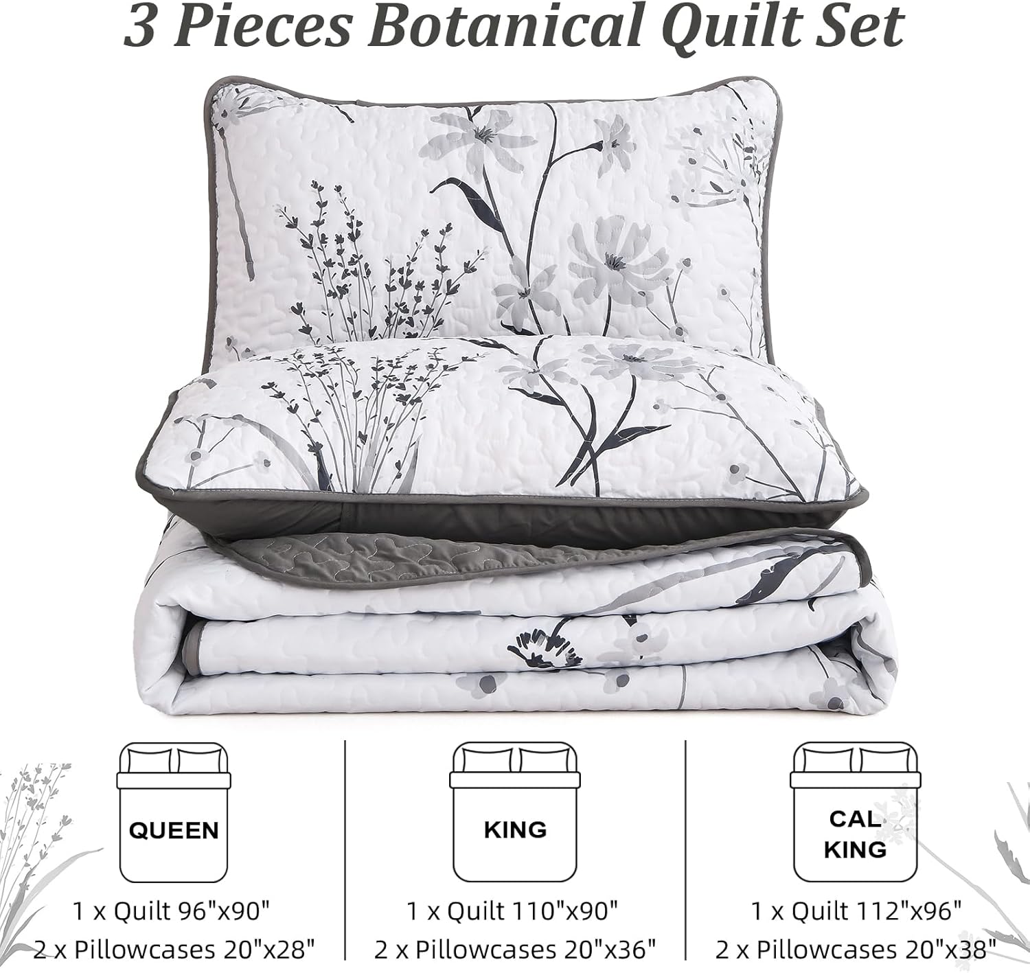 Dobuyly Floral Quilt Queen Size Set, Grey and White Botanical Queen Quilt Bedding Set 3 Pieces Soft Lightweight Microfiber Bedspread Coverlet Set for All Season, 96"x90" - Image 7