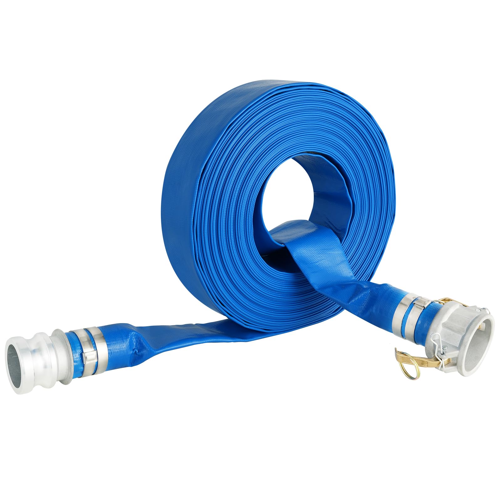 Manguera de retrolavado de 2 pulgadas x 100 pies para piscinas, manguera de descarga plana de PVC resistente, manguera de drenaje de piscina duradera con accesorios Camlock C y E de aluminio para