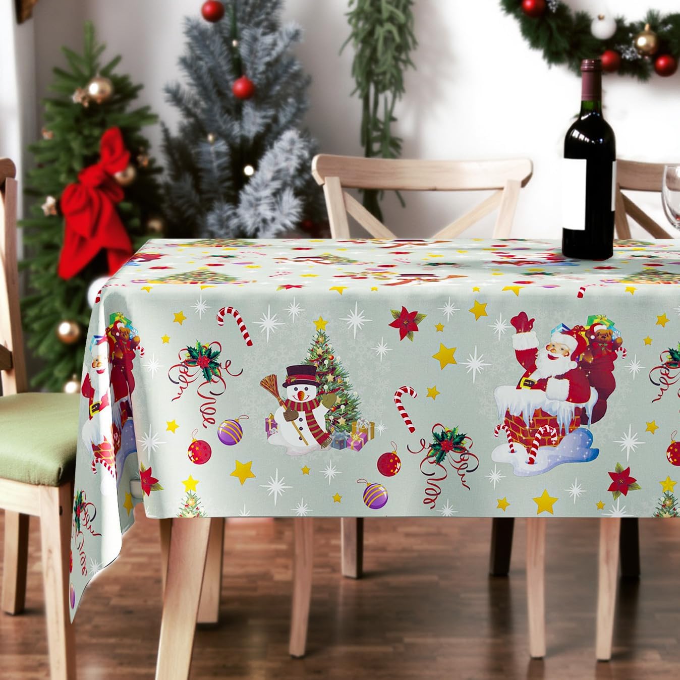 Table Cloth for Rectangle Table, Waterproof and Oil-Proof Vinyl Christmas Tablecloth, Wash-Free Tablecloth with Flannel Backing for Christmas Decoration (Silver 55×110 Inches, Seats 8-10)