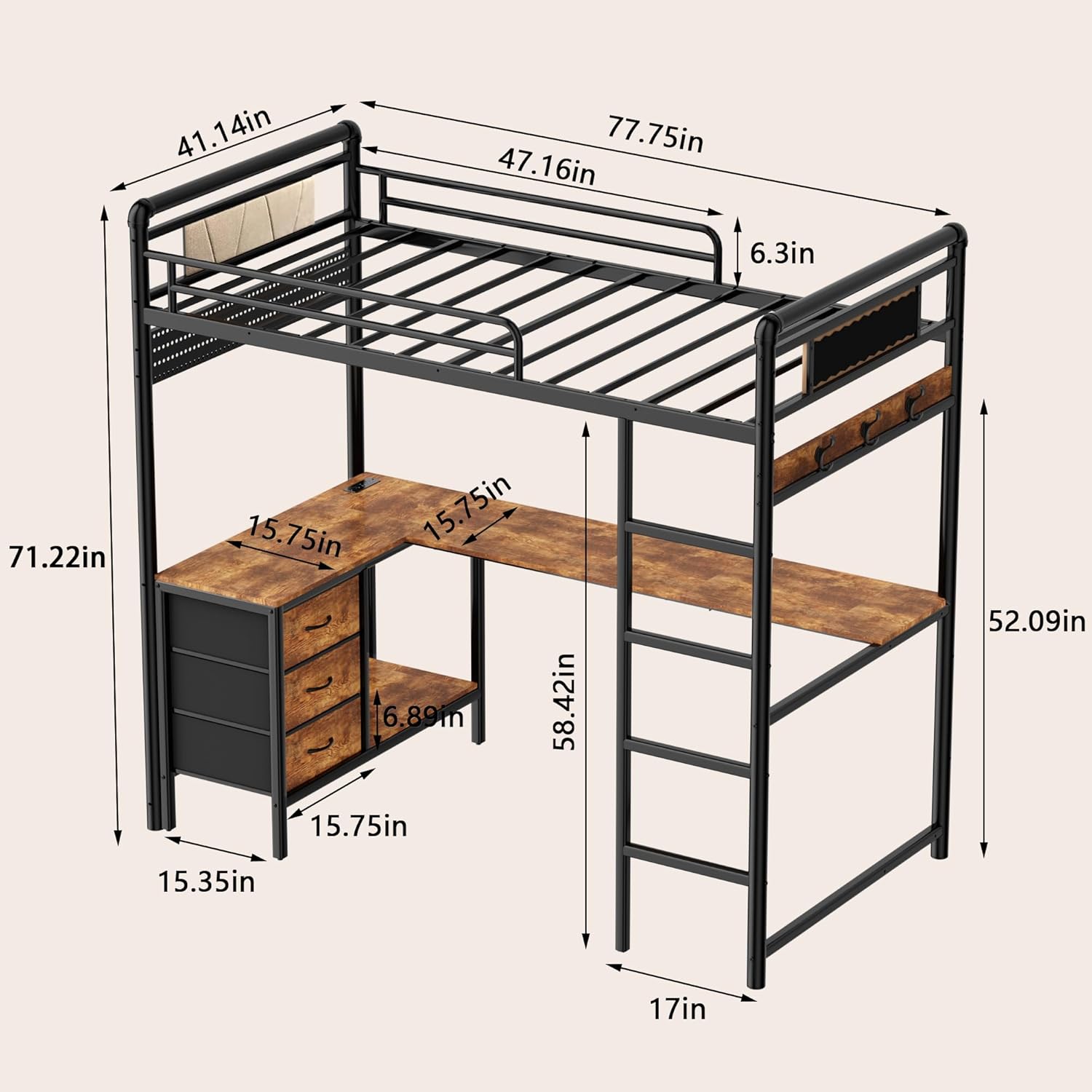 Twin Loft Bed with L Shape Desk, Gaming Bunk Bed with Stairs, Metal Loft Bed Heavy Duty Loft Beds for Adults, 3 Fabric Drawers, LED Lights & Charging Sation, Pegboard & Cloth Hangs