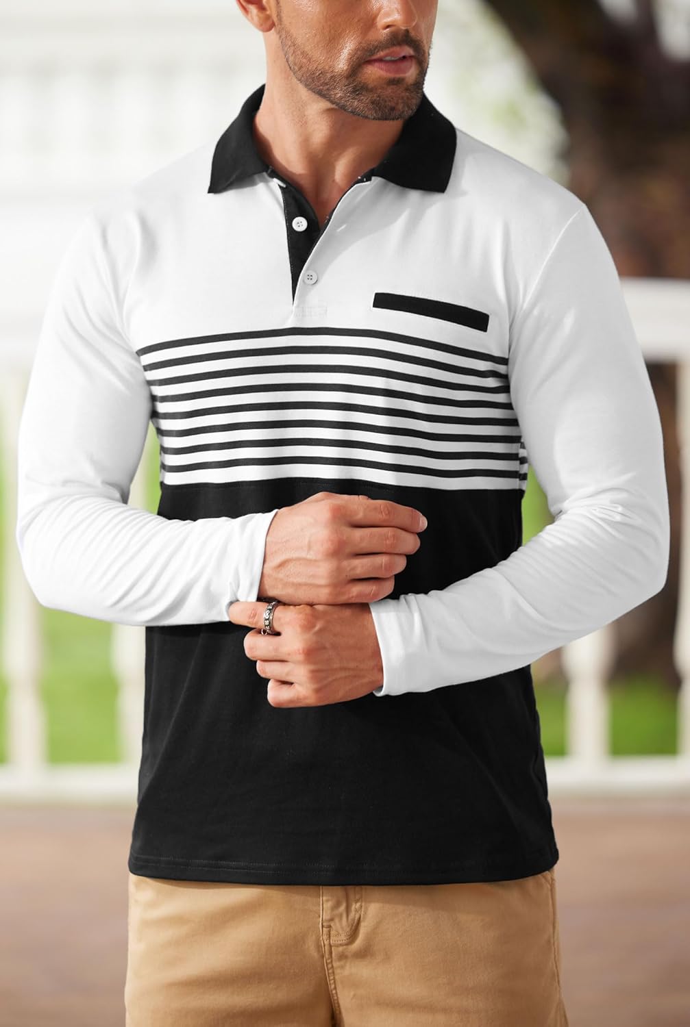 VOGSTART Mens Striped Golf Polo Shirts Color Block Long Sleeve Casual Shirt (S-XXL) - Image 3
