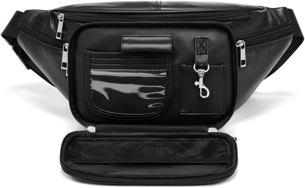 Genuine Leather Large 7 Pocket Waist Pack with Organizer, Card Slots (Black) - Image 4