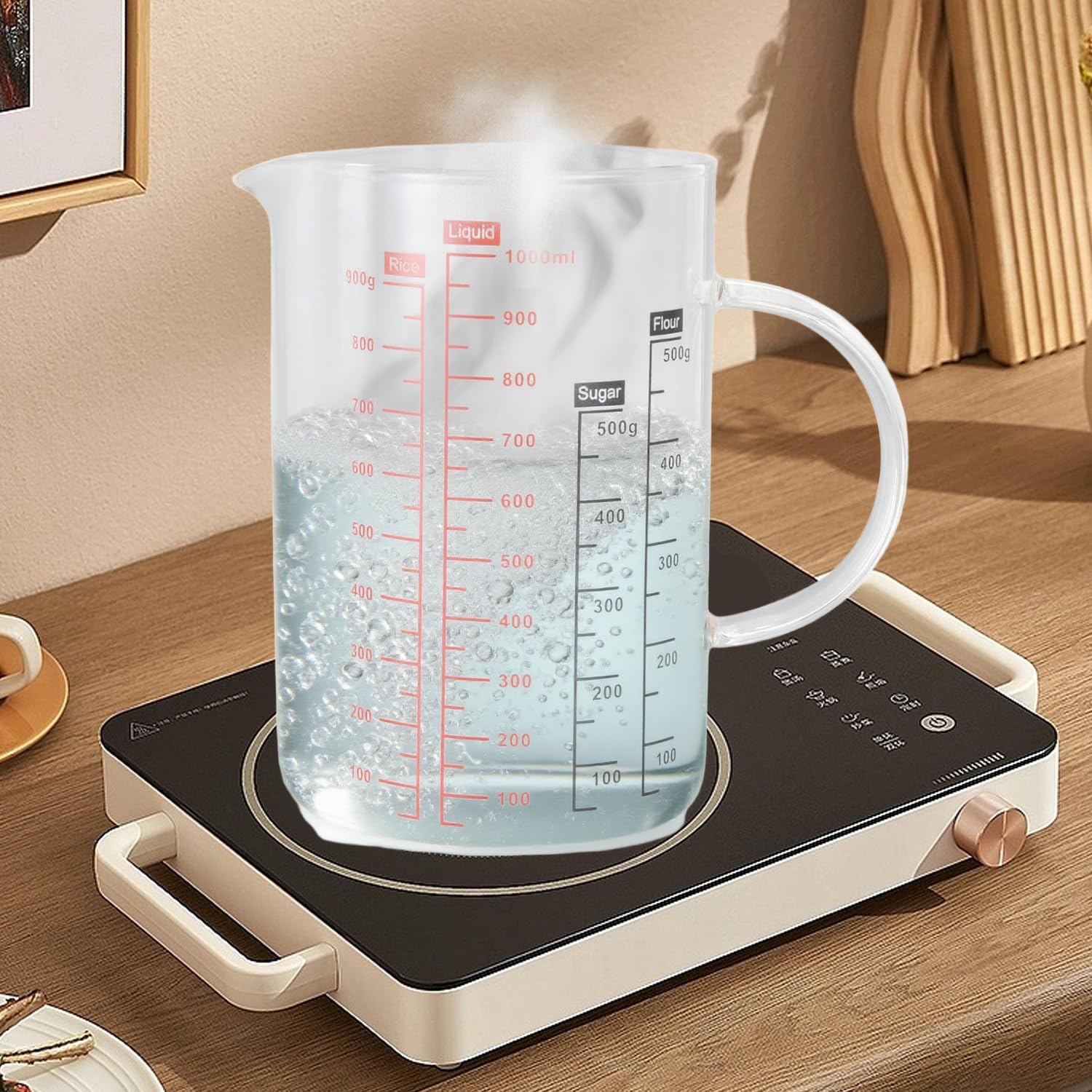 Vaso medidor de vidrio resistente al calor, 1000 ml, recipiente de vidrio transparente con boquilla en forma de V, herramienta de cocina para microondas, para hacer yogur, café con leche (1000 ml)