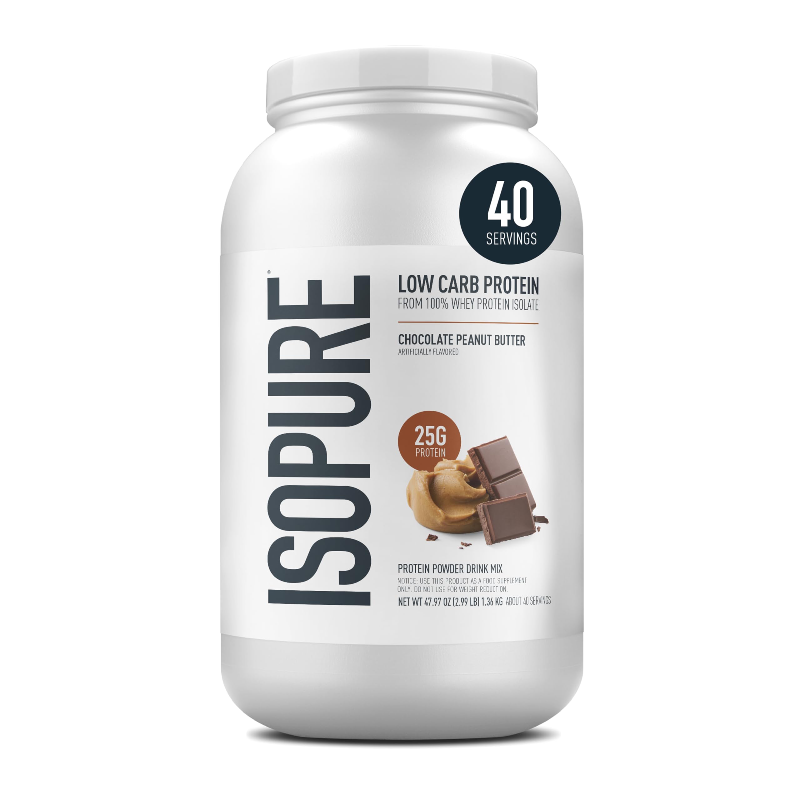 Isopure Low Carb 100% Pure Whey Isolate Protein Powder, Lactose Free, Gluten Free, With Vitamins, Chocolate Peanut Butter, 25g Protein Per Serving, 3 Lbs, 40 Servings