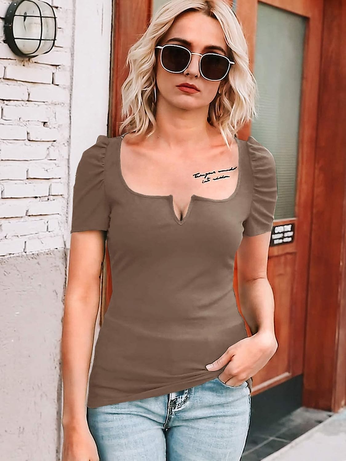 Valphsio Womens Puff Short Sleeve Top Square Neck Elegant Ribbed Knit T Shirt Summer Cute Slim Fit Tee Blouse - Image 5