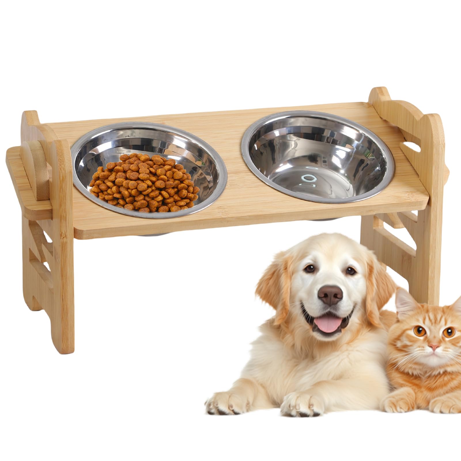 LINQUEEN Gamelle Chat INOX Gamelle Chien 2 Gamelle Chat Surélevée Avec Support En Bois,Double Bol Chat Antidérapante Pour La Nourriture Et Eau,Rehausseur Gamelle Facile à Nettoyer Pour Chat Chiot (2