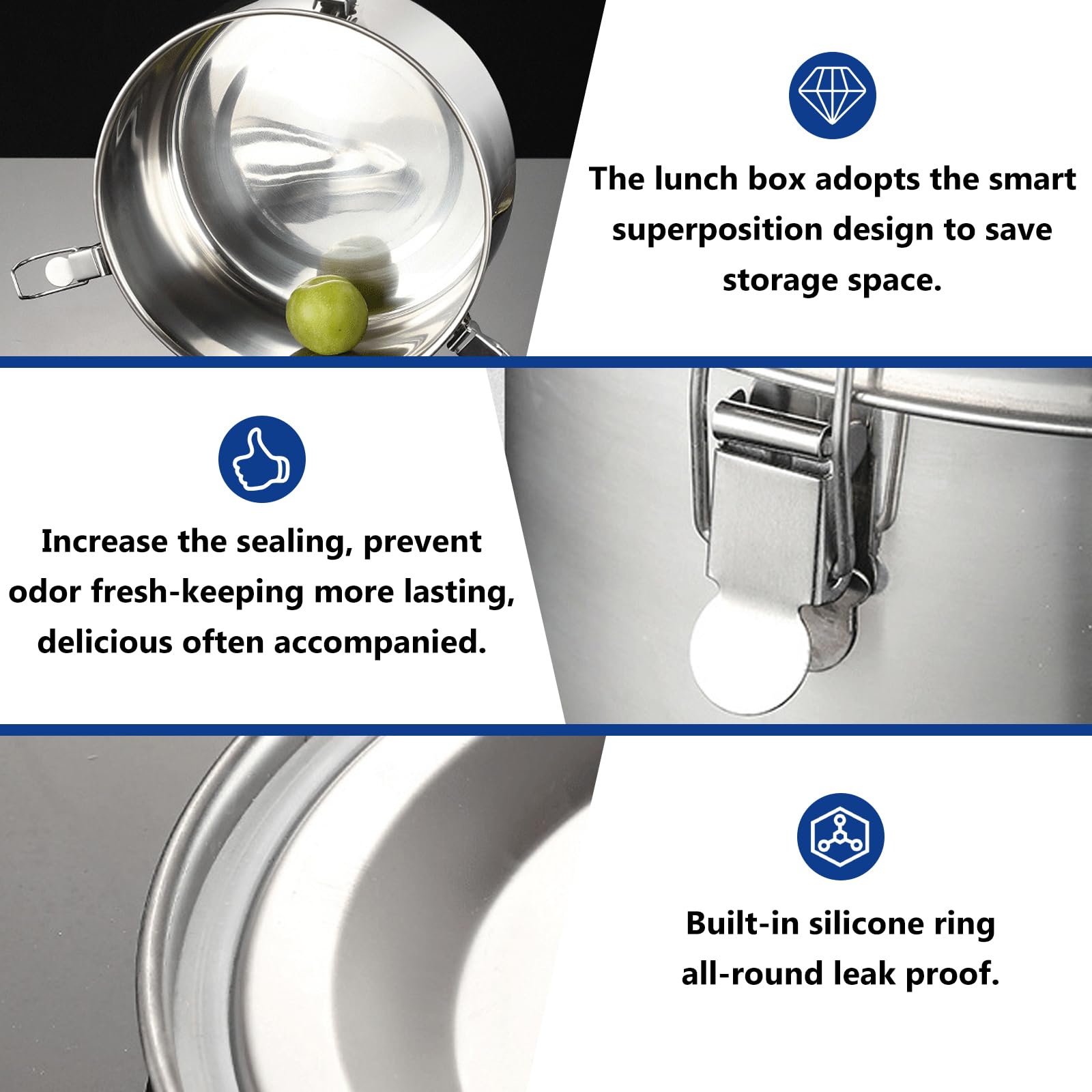 SUNOYA Contenitore per il pranzo in acciaio inox, 3 pezzi, 500 ml, 1000 ml, 1500 ml, argento, ermetico, per casa, ufficio, picnic