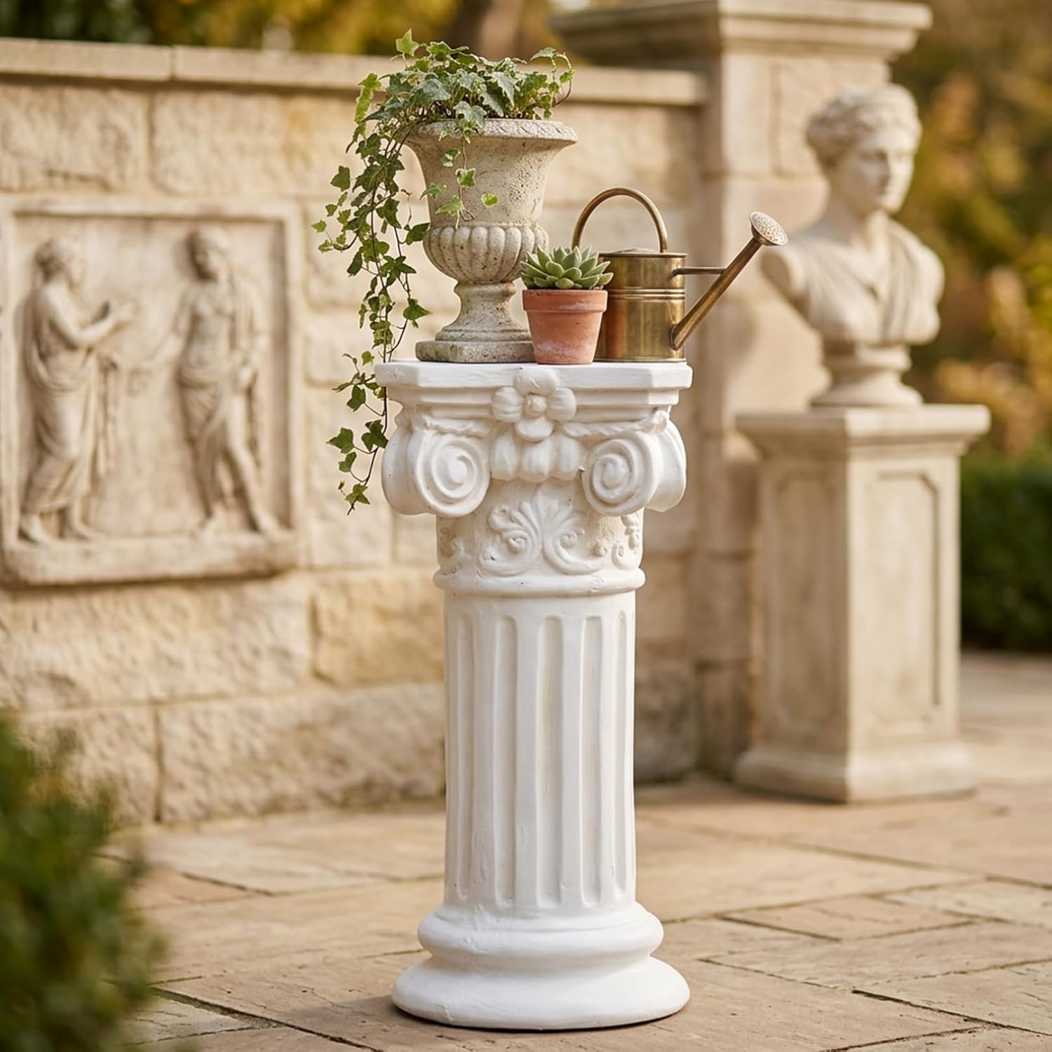 Roman Column Pedestal, Elegant White Resin Plinth Base for Garden Statues and Home Decor, 15.75 Inch Tall Sculpture Stand, Home Ornaments
