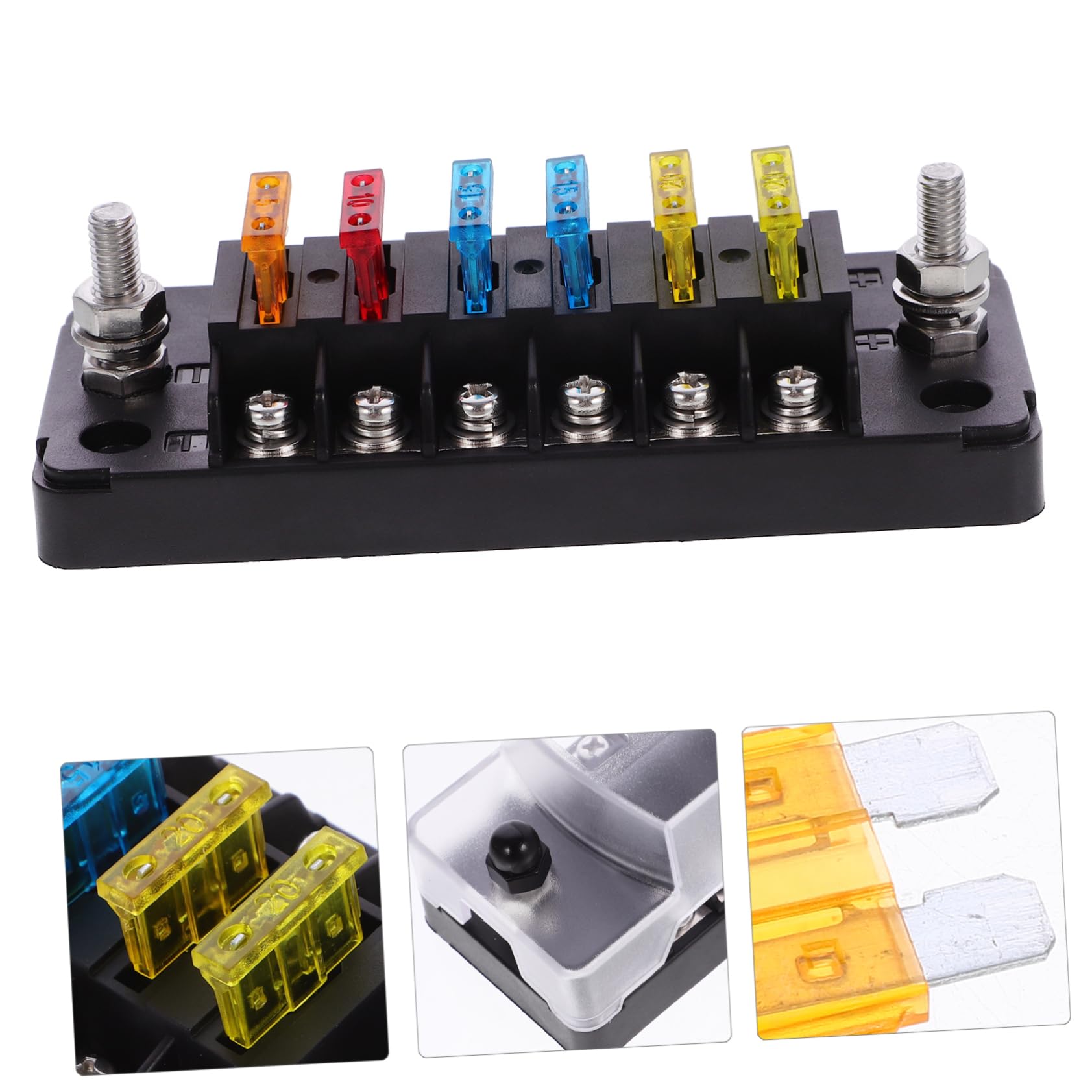 Boîte à Fusibles à 6 Voies 1 Set, Pa66 et Pc, Noir | 12-32 V, 75 A Entrée et 20 A par Circuit, Plaques Autocollantes Incluses