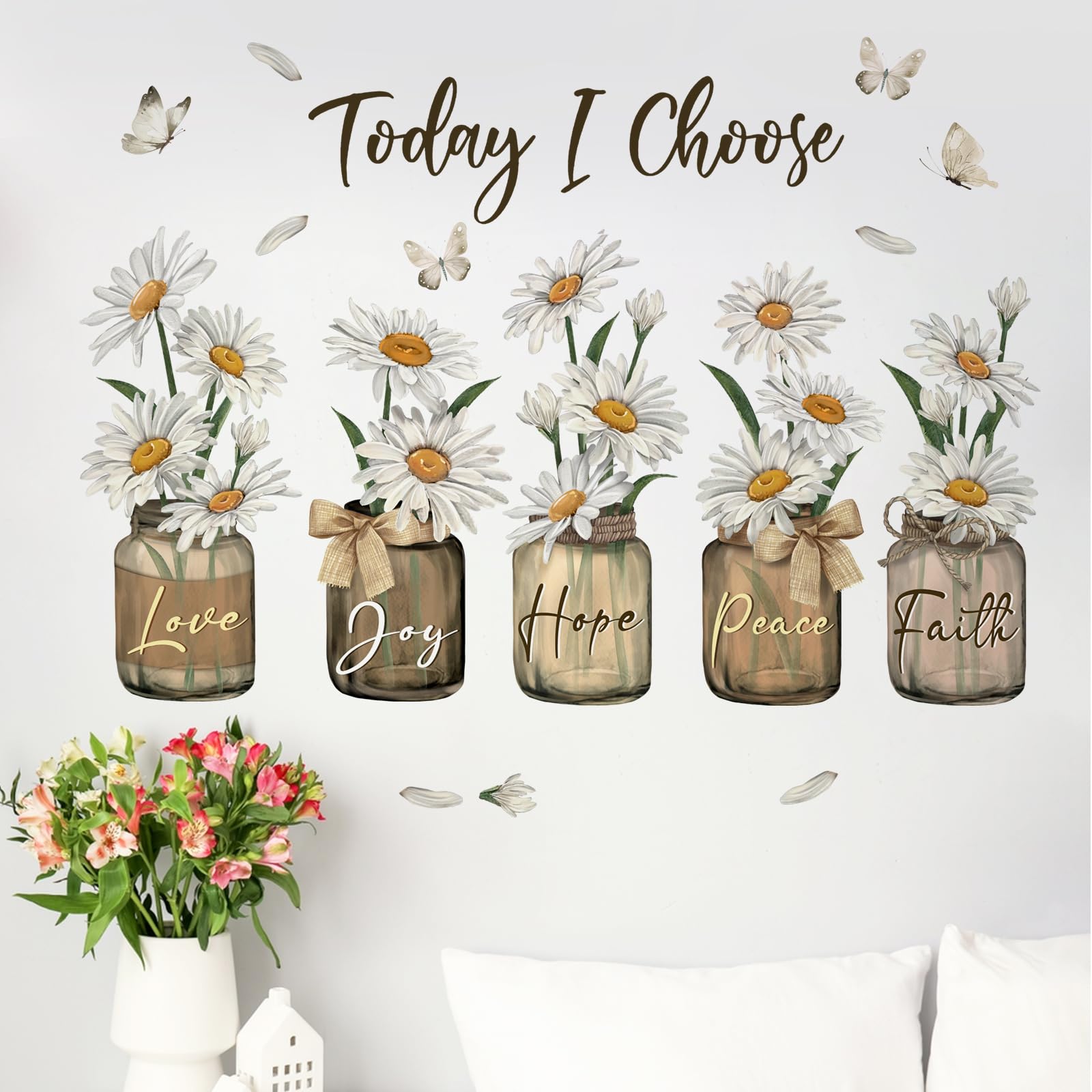 Yovkky Inspirational Quote Daisy Flower Wall Decals Stickers, Positive Today I Choose Love Joy Hope Peace Faith Home Bedroom Decor, Floral Mason Jar