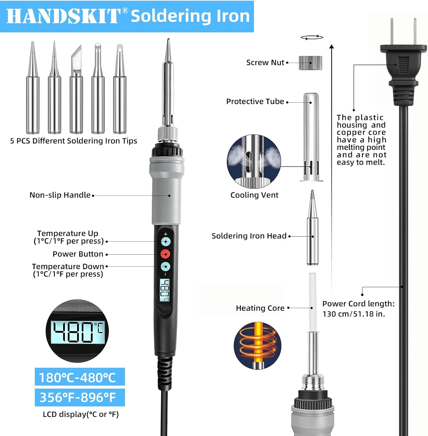 Solder Iron Kit,HANDSKIT Soldeirng Iron Kit Temperature Adjustable Electronic Welding Tools Desoldering Pump,Soldering Tips,Solder Iron Stand,Tweezers,Tin Wire for Repairing,DIY or Lab Testing