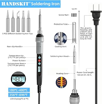 Solder Iron Kit,HANDSKIT Soldeirng Iron Kit Temperature Adjustable Electronic Welding Tools Desoldering Pump,Soldering Tips,Solder Iron Stand,Tweezers,Tin Wire for Repairing,DIY or Lab Testing
