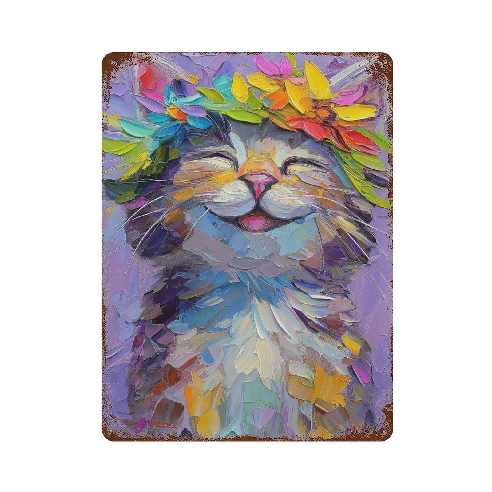 Colorful Flower Crown Cat Weathered Tin Sign 15.7"x11.8", Industrial Home Decor for Basement, Hobby Room And Garage Decor