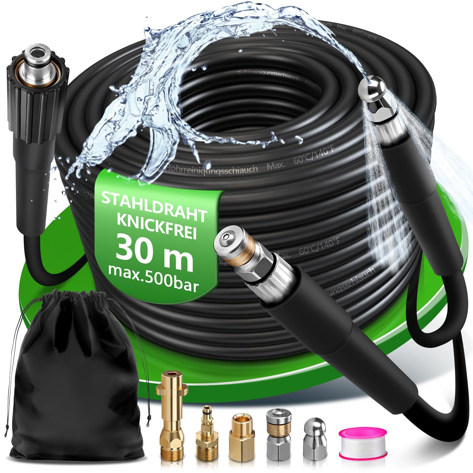 Tubo per la pulizia dei tubi, 30 m, 500 bar, compatibile con Kränzle Kärcher K2 - K7, Easy!Lock TR22, modelli HD/HDS con connettore TR22, set per la pulizia dei tubi ad alta pressione per tubi e