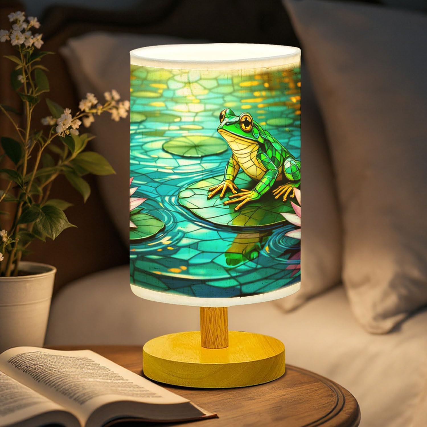 Frog Table Lamp LED 3-Color Pressed Bedside, Frog Shade Lamp with Wood Base for Bedroom Living Room Desk Office TL01