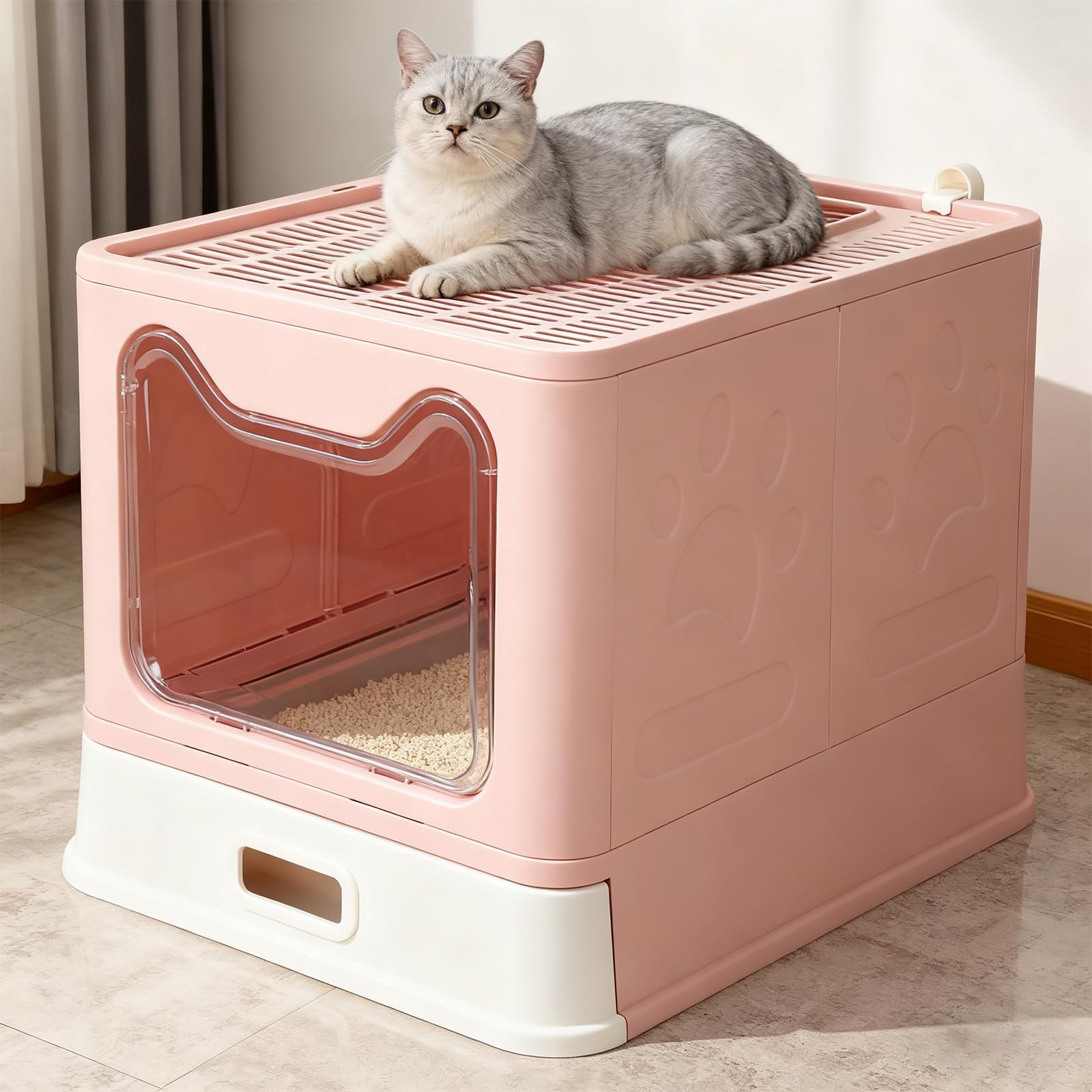 Inodoro XL para gatos con tapa, acero inoxidable con bandeja extraíble y pala, 51 x 41 x 38 cm (rosa, clásico)
