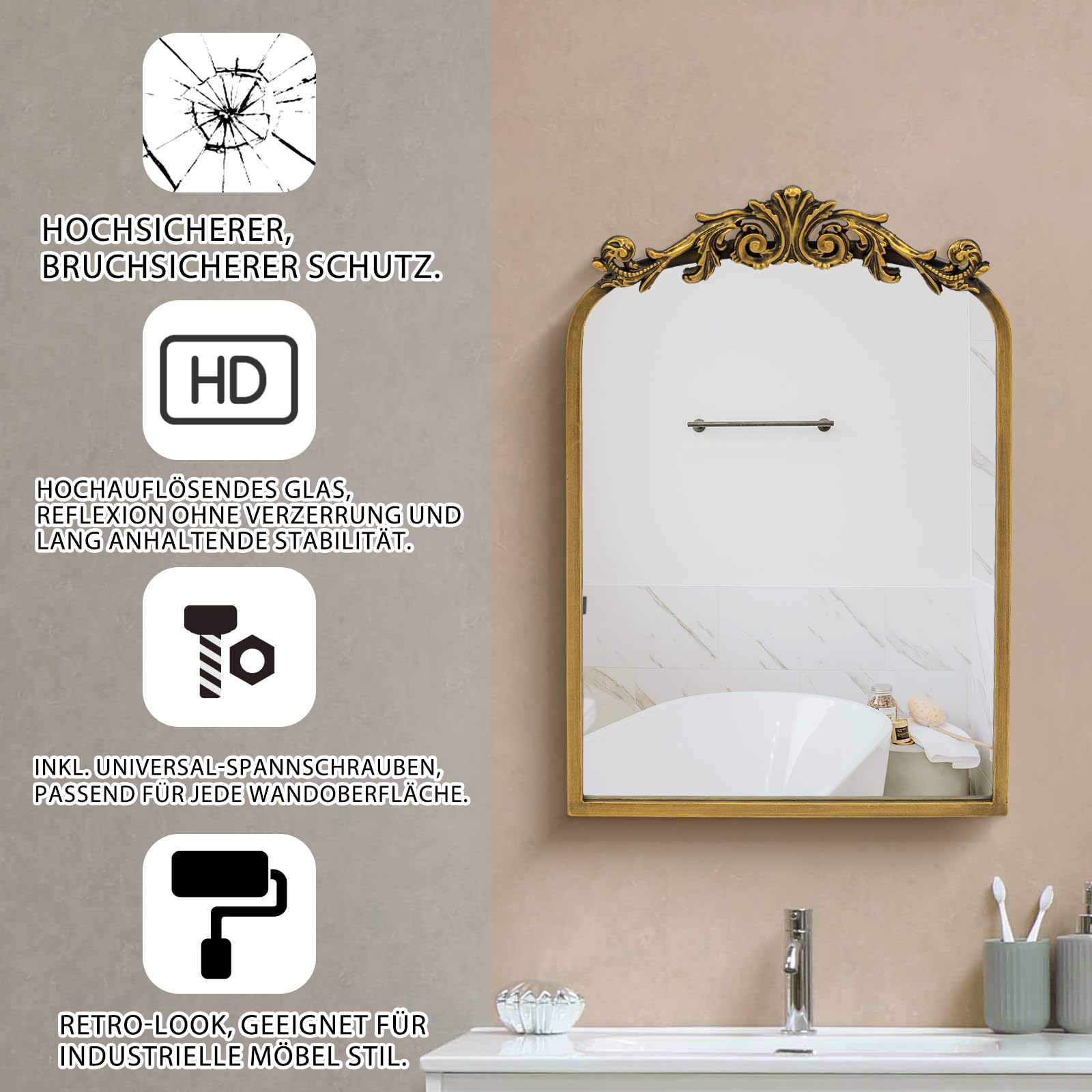 40x60cm Badezimmer Spiegelschrank mit großem Spiegel & Stauraum (38x43x10cm) - Spiegelschrank für Bad mit Resin-Blumen, Antik Gold