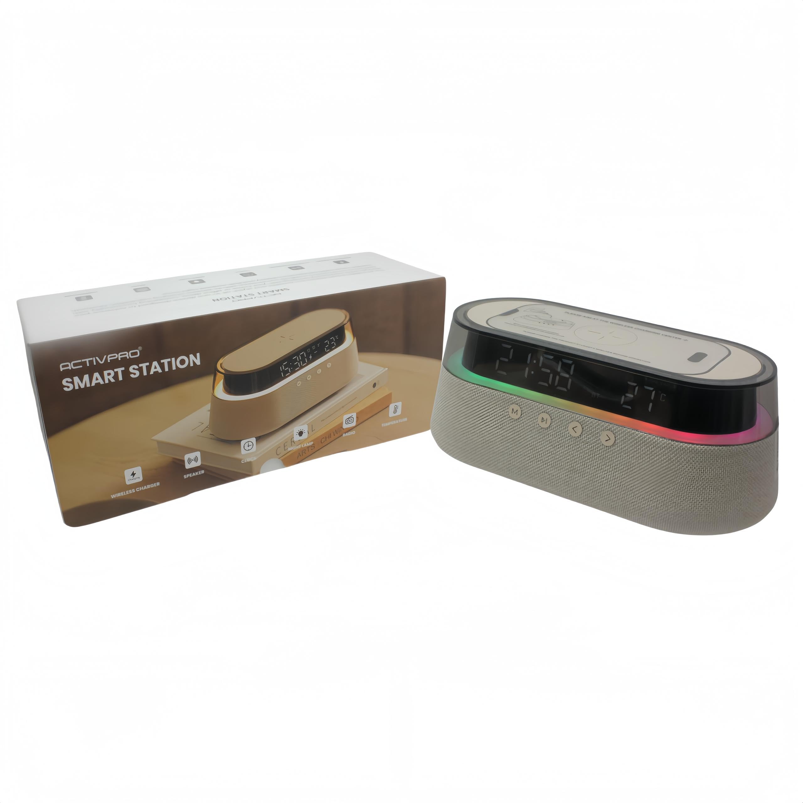 Station intelligente | Station de charge sans fil 6 en 1 | Haut-parleur Bluetooth | Horloge | Lampe | Radio | Chargeur sans fil rapide 15 W | Chargeur de téléphone portable pour iPhone
