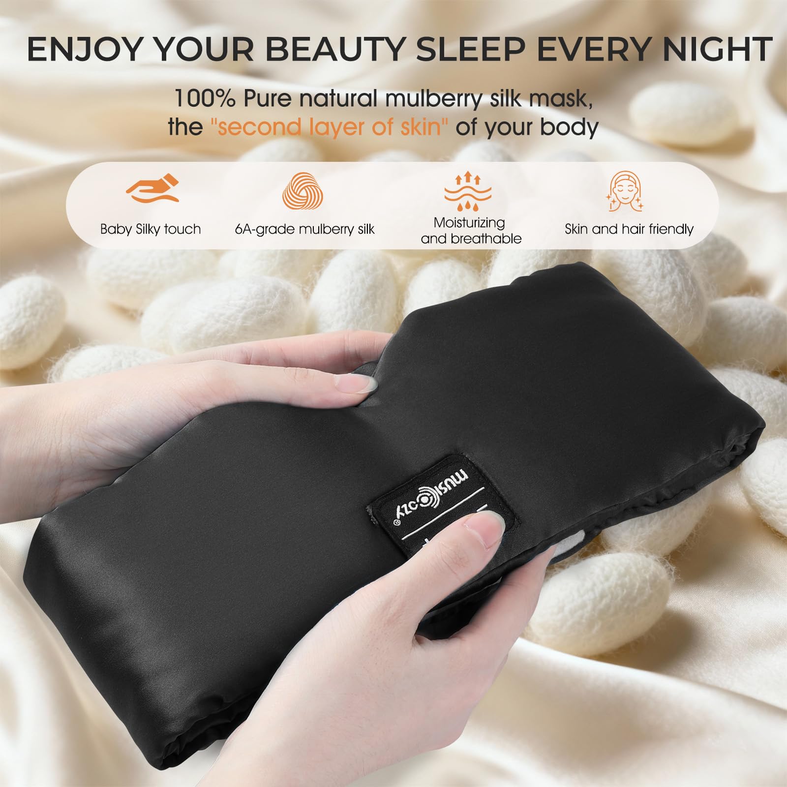 MUSICOZY Máscara de seda para dormir, con auriculares, seda de morera pura, 100 % opaco, máscara de ojos profundos 3D con auriculares