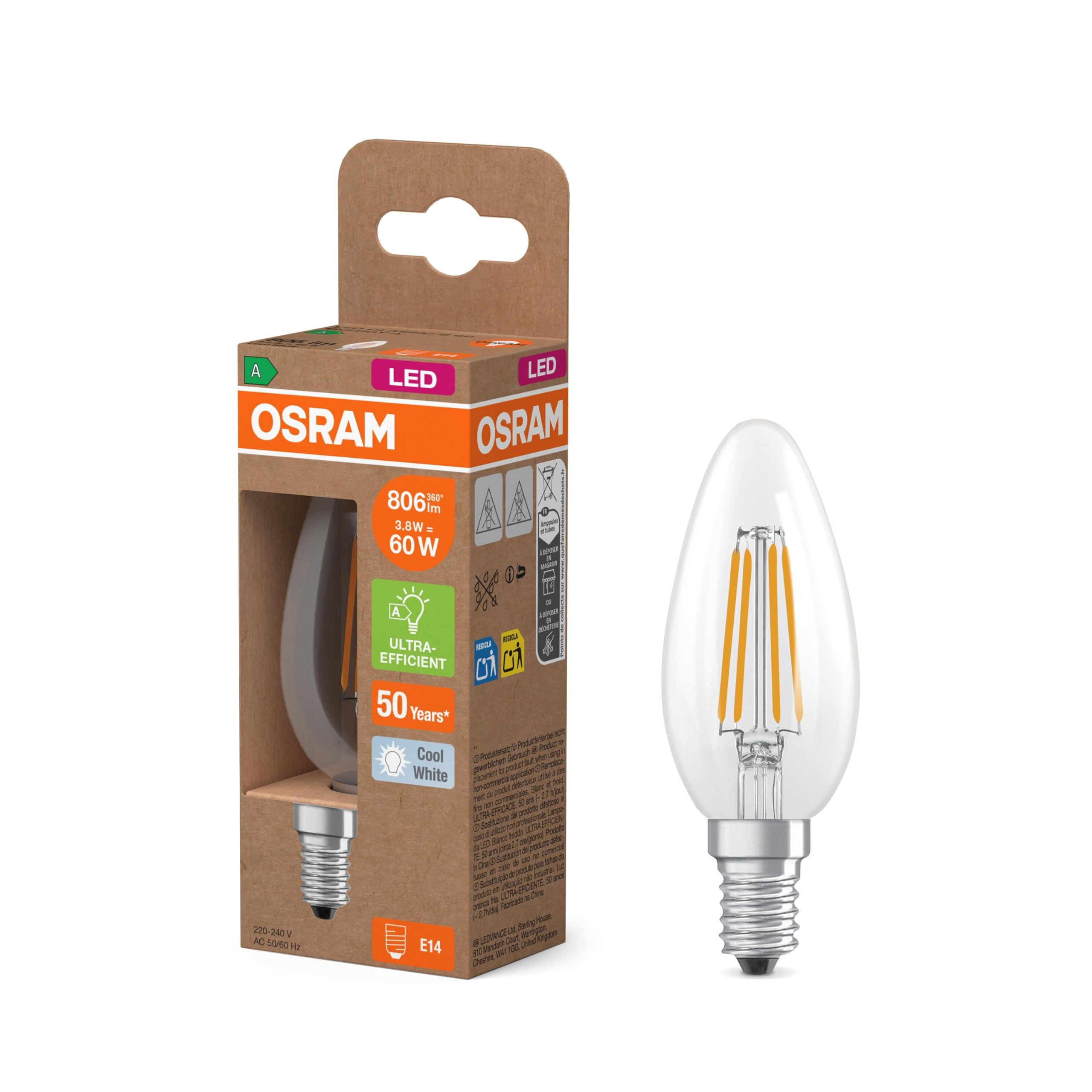 Osram Energy Class Classic mini Candle, 3.8 W/806 lm, EEK A, Cool White Light (4000 K), CRI 80, Clear Lead-Free Glass, E14 Base, IP20, Diameter 35 mm.