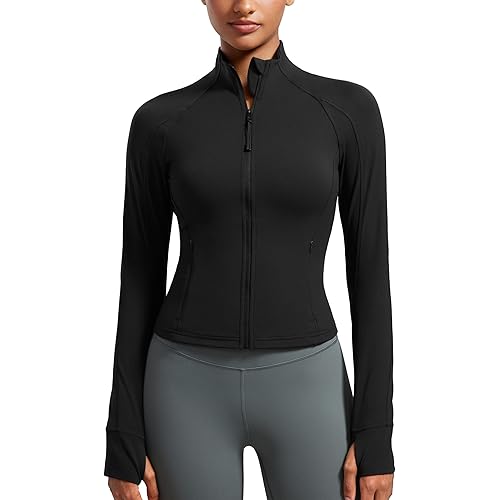 CRZ YOGA Butterluxe Womens Cropped Slim Fit Workout Jacket Weightless Track Athletic Full Zip Up Tops with Thumb Holes
