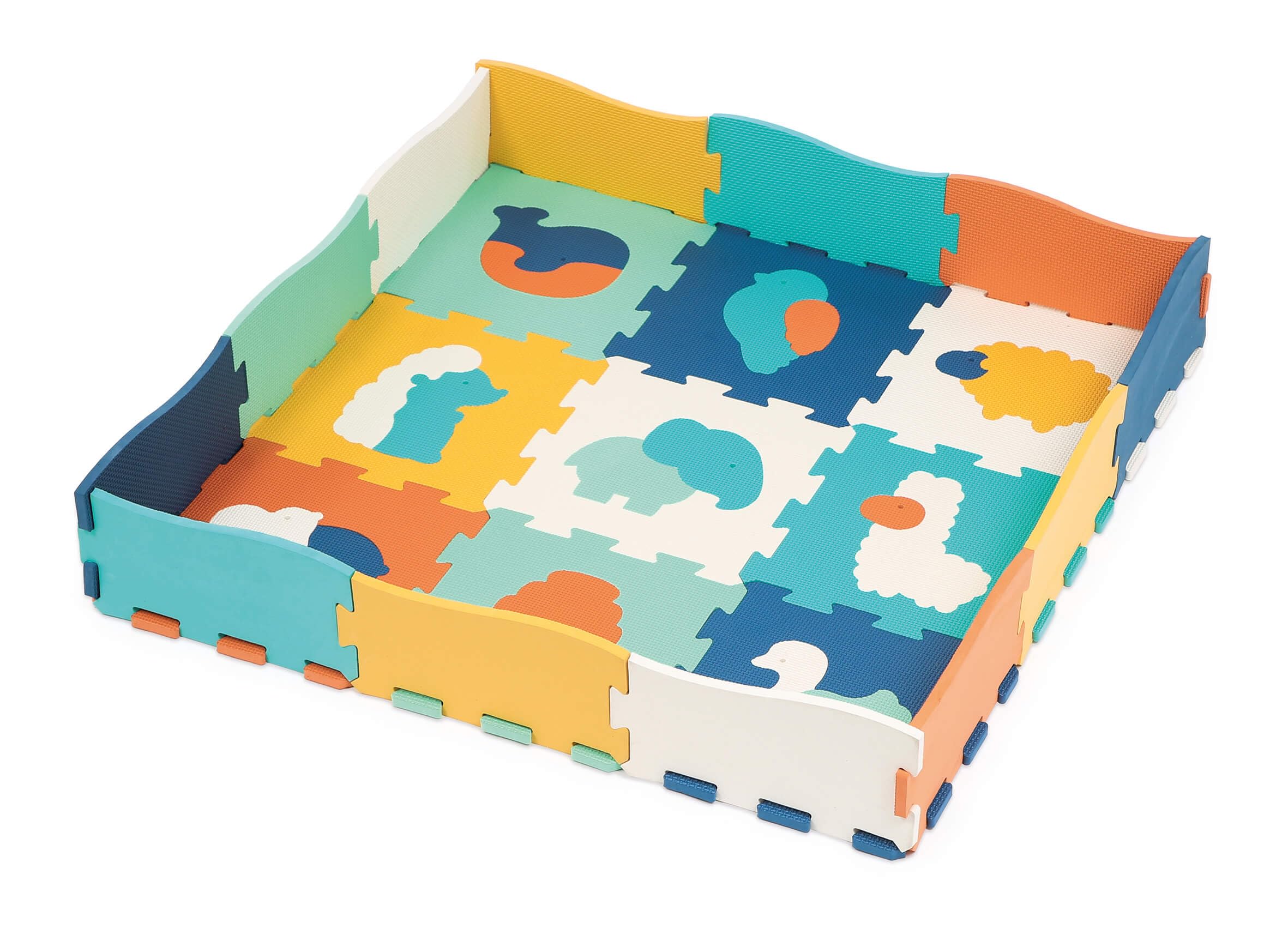 LUDI - Tapis Bords Et Coins - Jeu D'Encastrement - Éveil Bébé - Amortit Les Chocs, Isole Du Froid - Dès La Naissance - Développe Motricité Et Acuité Visuelle - 25 Dalles Mousse Animaux - 20x120x1,2 cm
