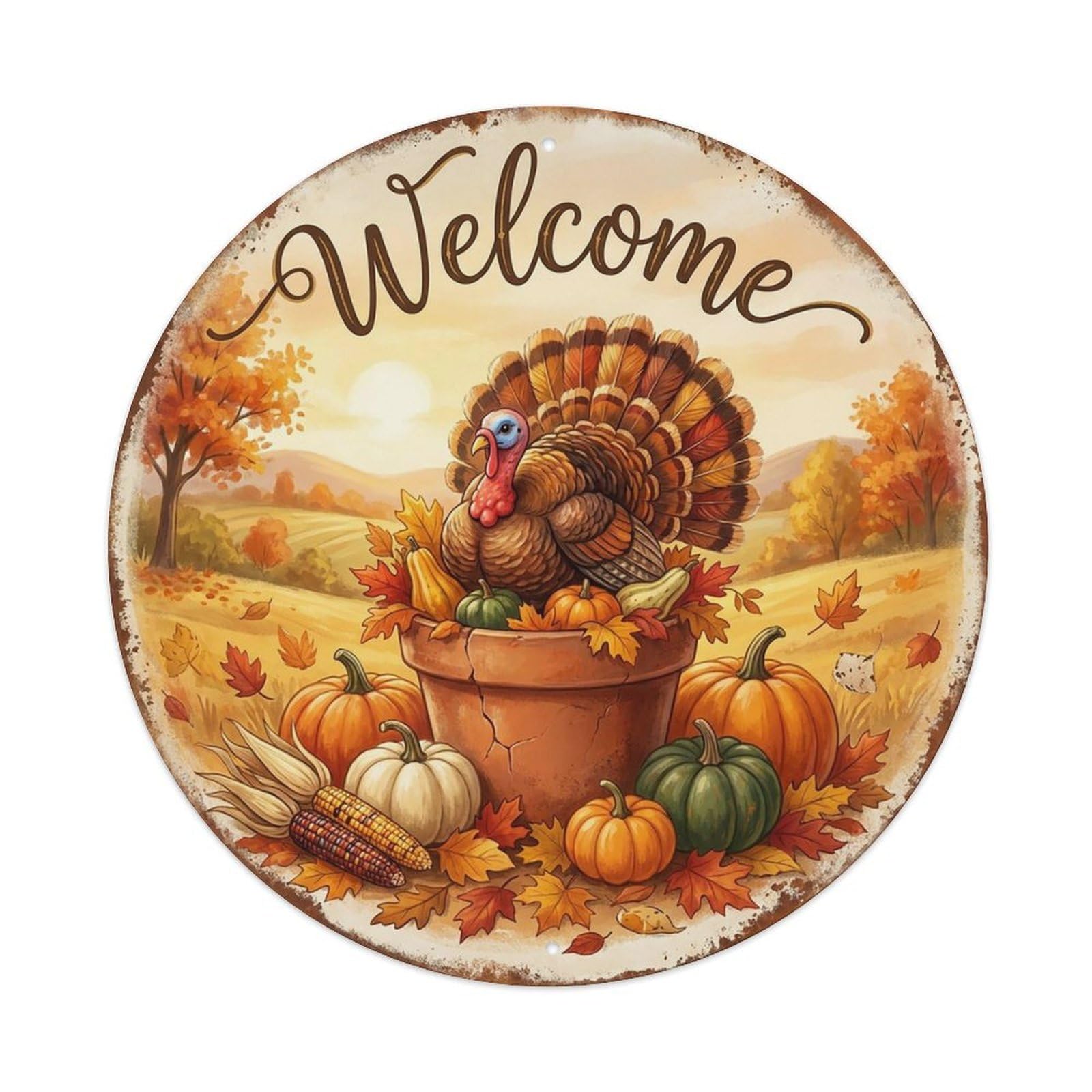 Vintage Welcome Turkey Autumn Harvest Vintage Metal Tin Sign Plaque Wall Decor for Cafe, Club Bar, Office, Garden Metal Poster 8x8Inch