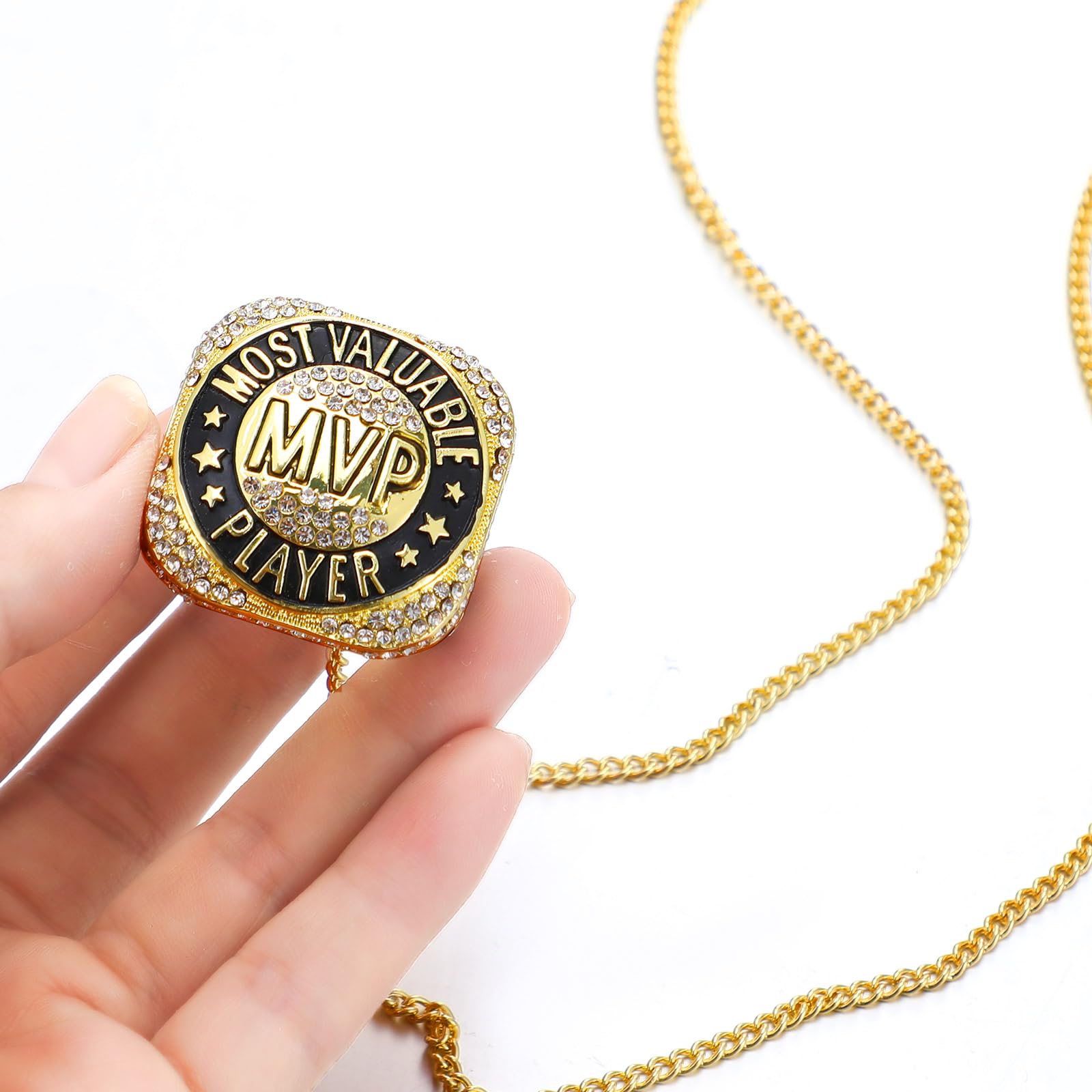 Highergo 10pcs Softball Soccer Baseball MVP Championship Trophy Ring with Display Neck Chain and Stand Basketball Cheerleading Bowling Football Volleyball Track Field for Award Gift