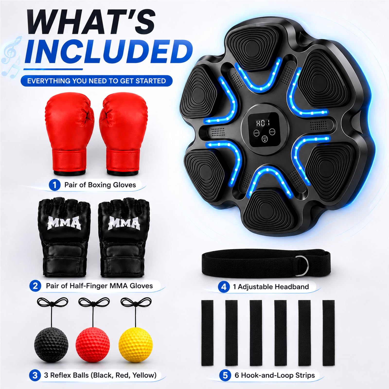 Machine da boxe con musica, Bluetooth, 9 modalità di allenamento, 2 paia di | Strumento di allenamento per alleviare lo stress con contatore di colpi, per adulti, fitness a casa