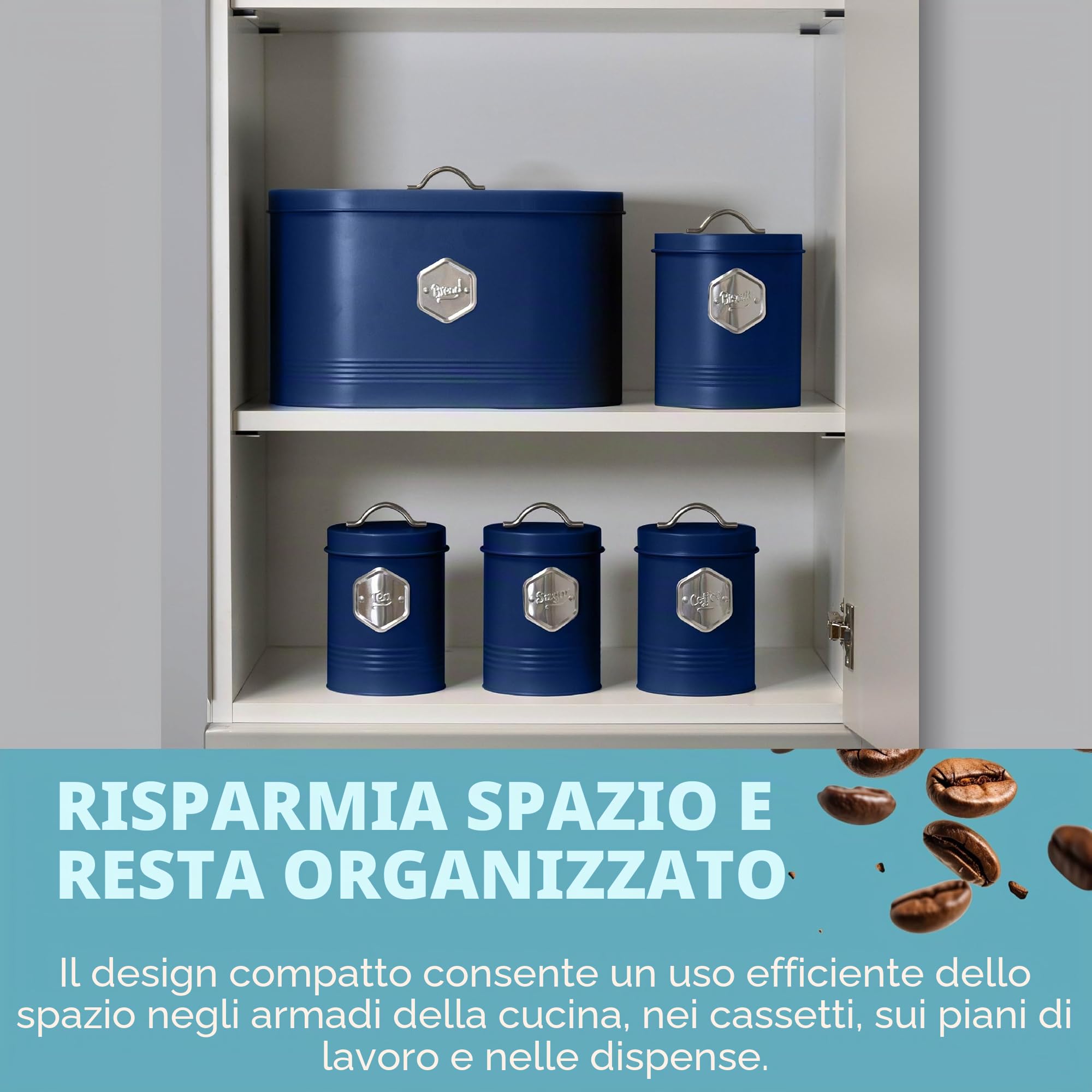 HEFTMAN Set di 5 contenitori da cucina blu, eleganti contenitori da cucina per pane, biscotti, zucchero, caffè, tè, set ermetici con etichetta, accessori da cucina blu (5 pezzi)