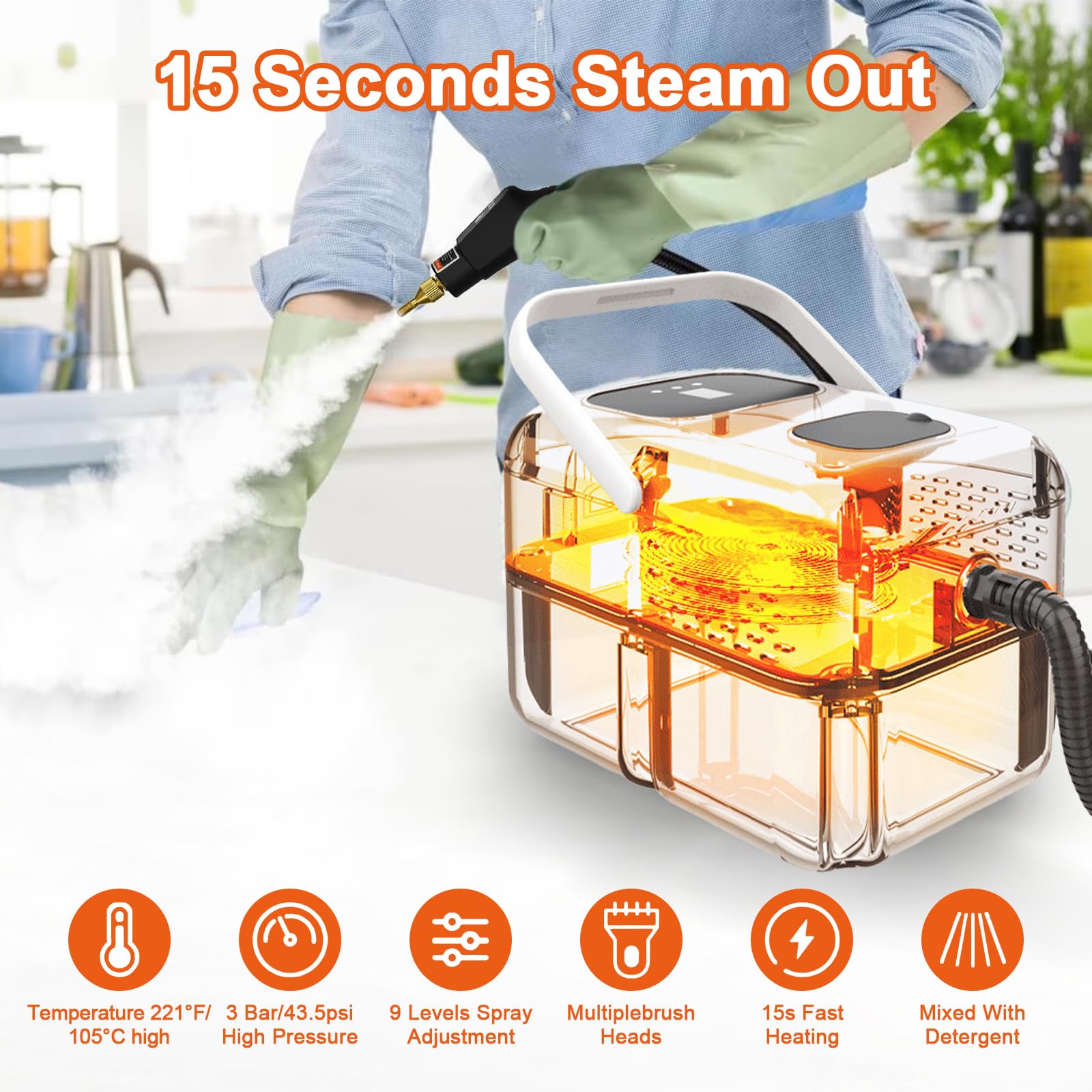 Ręczna myjka parowa z wyświetlaczem cyfrowym, 9-stopniowa regulacja Steam Cleaner, 2500 W, czas nagrzewania 15 sekund, przenośna, wysokociśnieniowa myjka parowa do mebli, sof, płytek, podłóg, okien