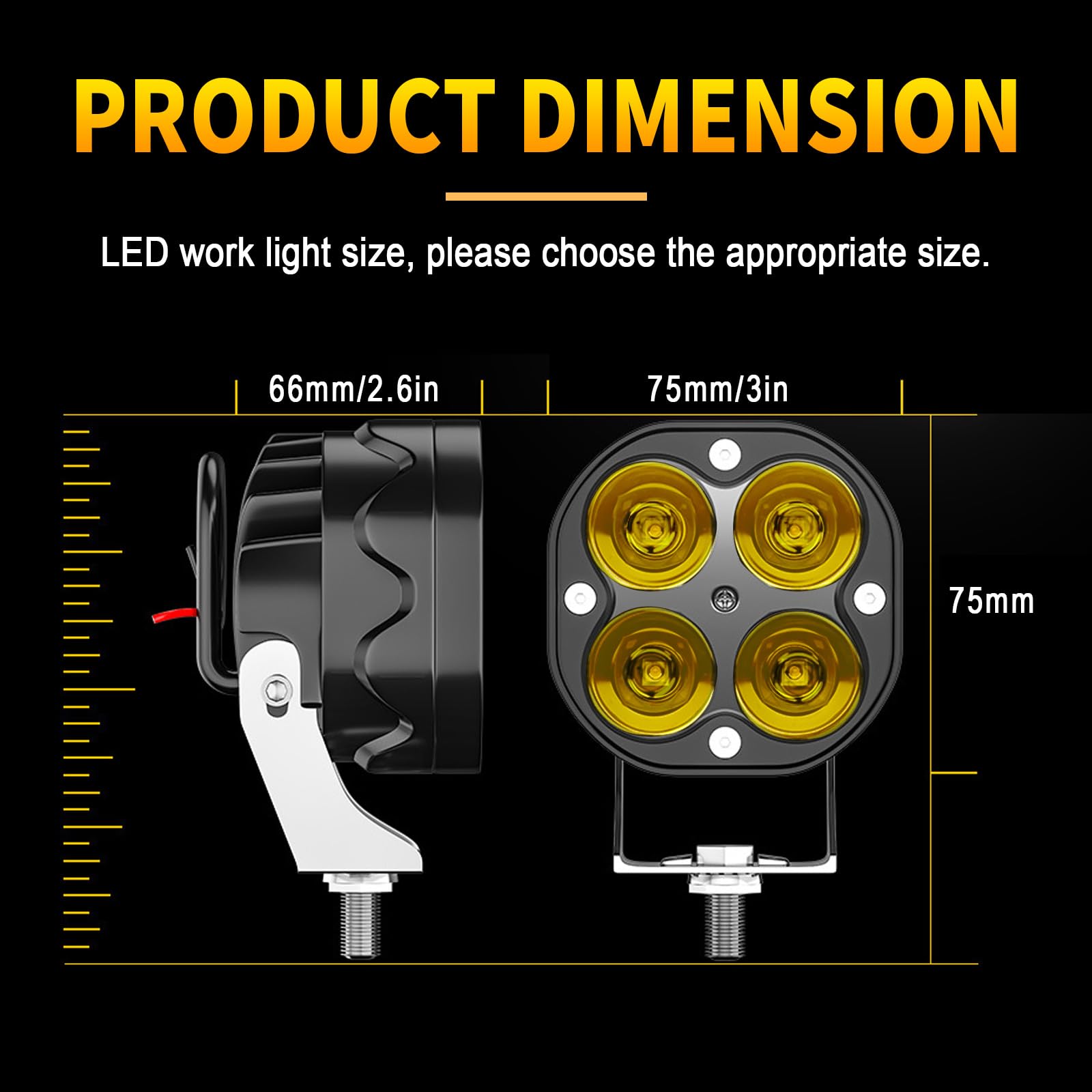 Willpower 2Pcs Faro LED 12v, 3 Pollici 40w, Impermeabile per Trattore Camion Off Road Auto SUV ATV 4x4 - Luce Gialla