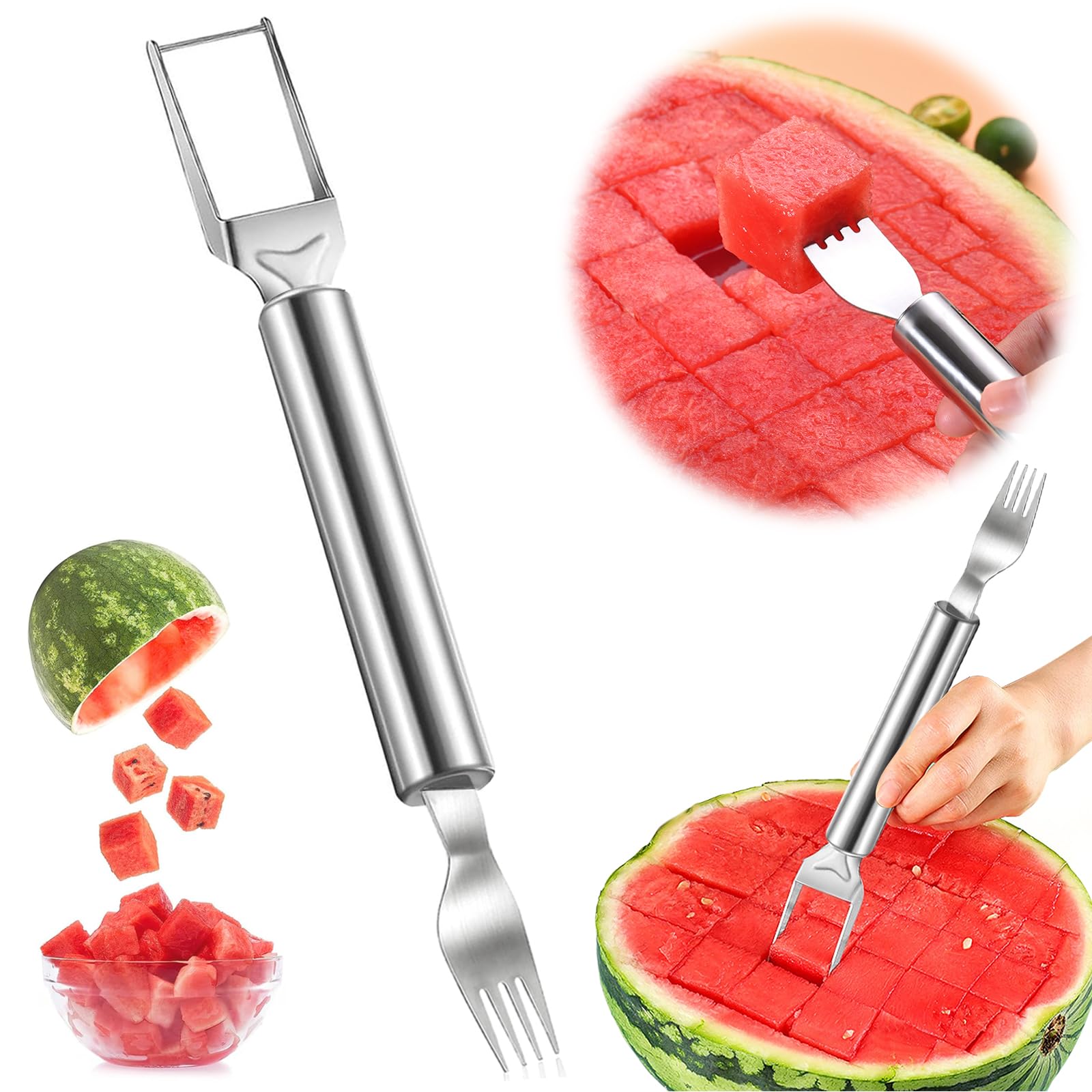 Watermelon Slicer Cutter Fruit Tool - 2-In-1 Stainless Steel Fruit Cutter 2024 New Dual Head Fork Fruit Knife Melon Cube Cutter Watermelon Cuber Cutting Tool Portable Watermelon Cutter Slicer (1 PCS)