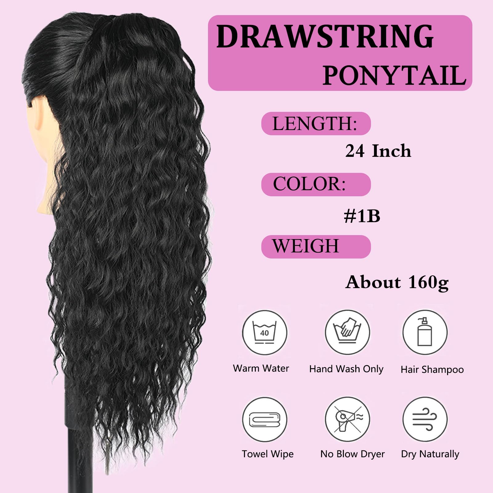 Samtress Ponytail Extension 24 Inch Drawstring Ponytail Hair Extensions Natural Black Long Curly Wavy Ponytail Extension Clip in Ponytail Hair Synthetic Hairpiece for Women (#1B) - Image 2