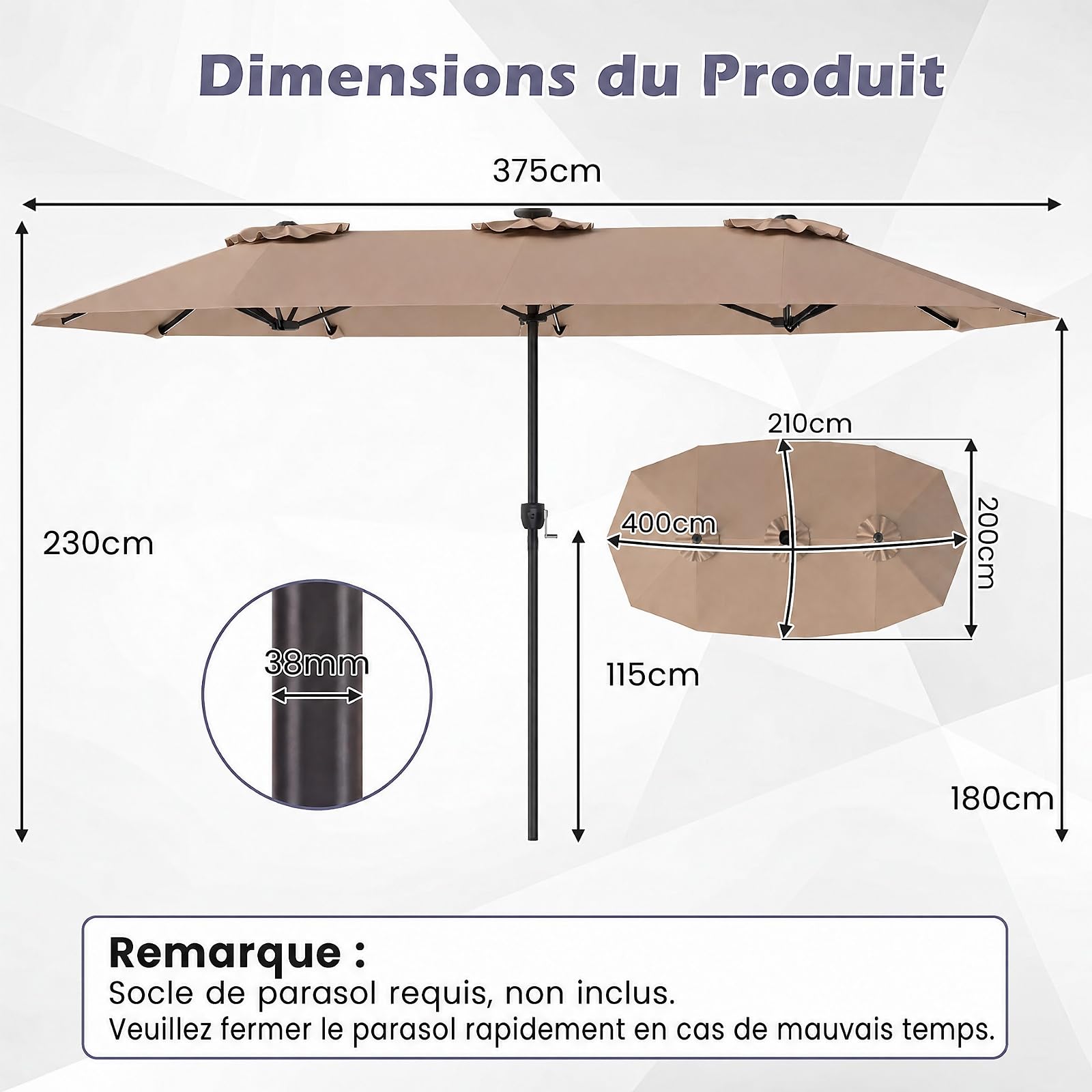 RELAX4LIFE Grand Parasol Double avec LED Multicolore, Parasol de Jardin Extérieur 4M, 12 Baleines, Manivelle, Mât en Métal Revêtu, Polyester Résistant, Abri Solaire pour Terrasse Événement (Marron)