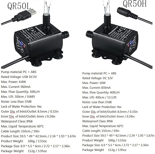 Miniatura 5 de Mini bomba de agua, mini bomba sumergible de 4 velocidades, bomba de agua de regulación de 4 velocidades, DC 12V USB 5V bomba sin escobillas (QR50H)