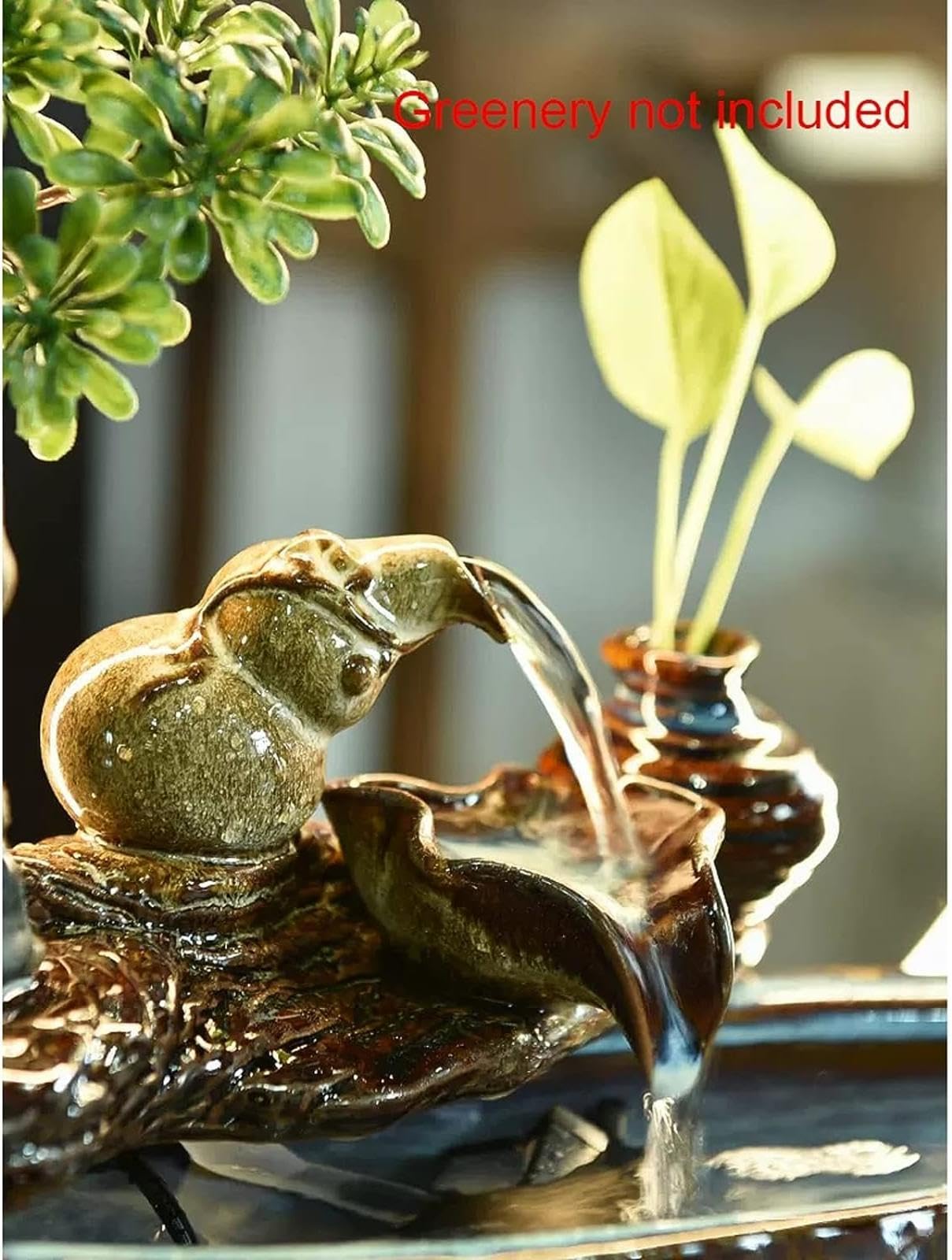 Tischbrunnen für drinnen, Wasserfall mit runder LED-Beleuchtung – Zen-Meditationsbrunnen mit Buddha-Motiv und künstlichen Pflanzen, Feng-Shui-Dekor für Glück und Wohlstand