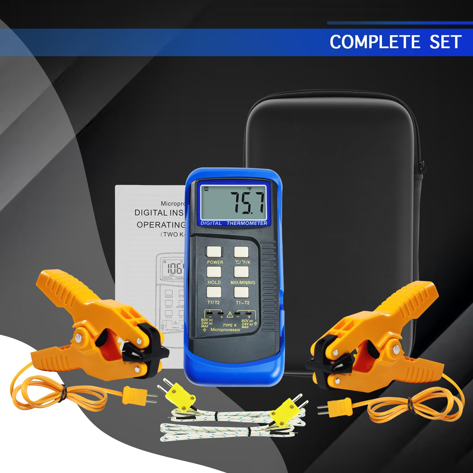 Termómetro digital de dos canales con termopar tipo K de -50 a 1300 °C, incluye abrazadera de temperatura y sondas con cable, medición de la diferencia y máx/min/AVG y diferencia para hornos, hornos