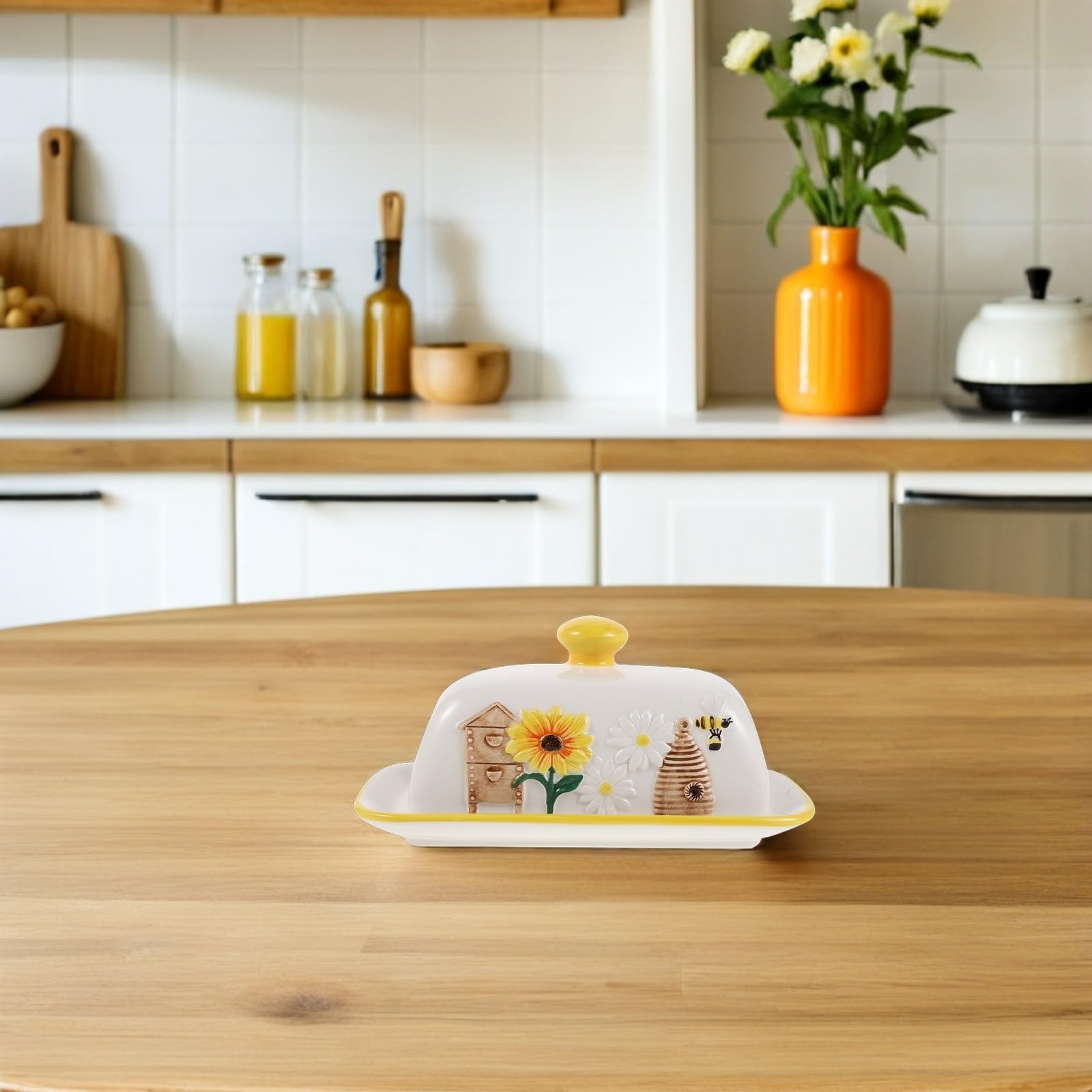 Keramik Butterdose mit Deckel Dekorative Butterschale mit Sonnenblumen und Bienenmuster Große Butterdose für Arbeitsplatte und Familienmahlzeiten