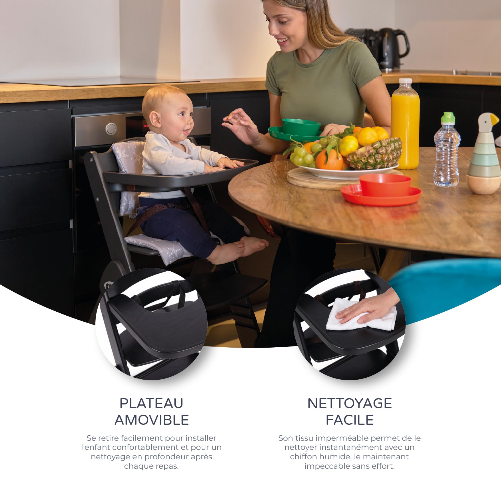 ms Chaise haute pour bébé en bois pliable – évolutive – Chaise haute, ergonomique, réglable, sécurisée, noir/blanc