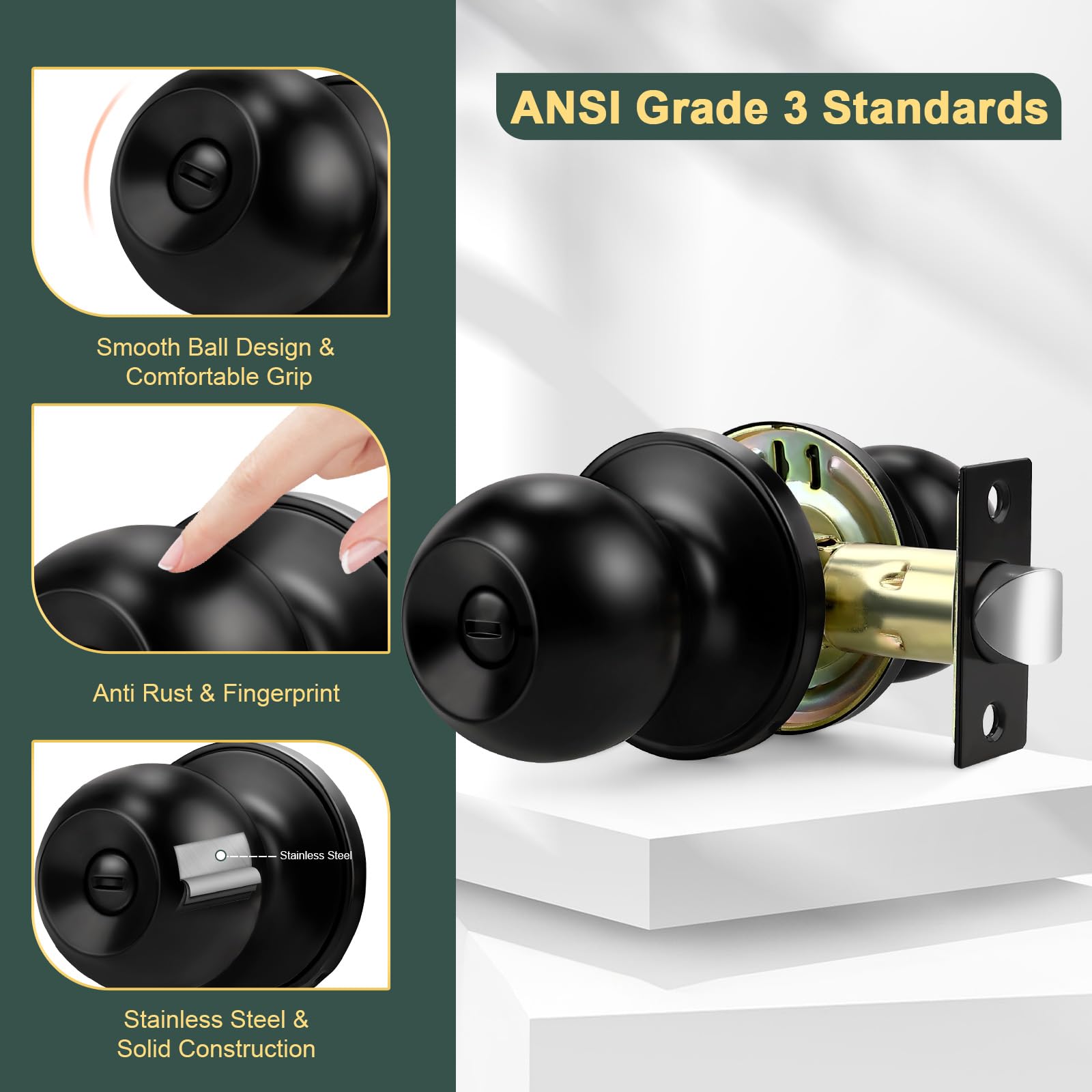 Black Interior Door Knobs - 10 Pack, Keyless Privacy -3