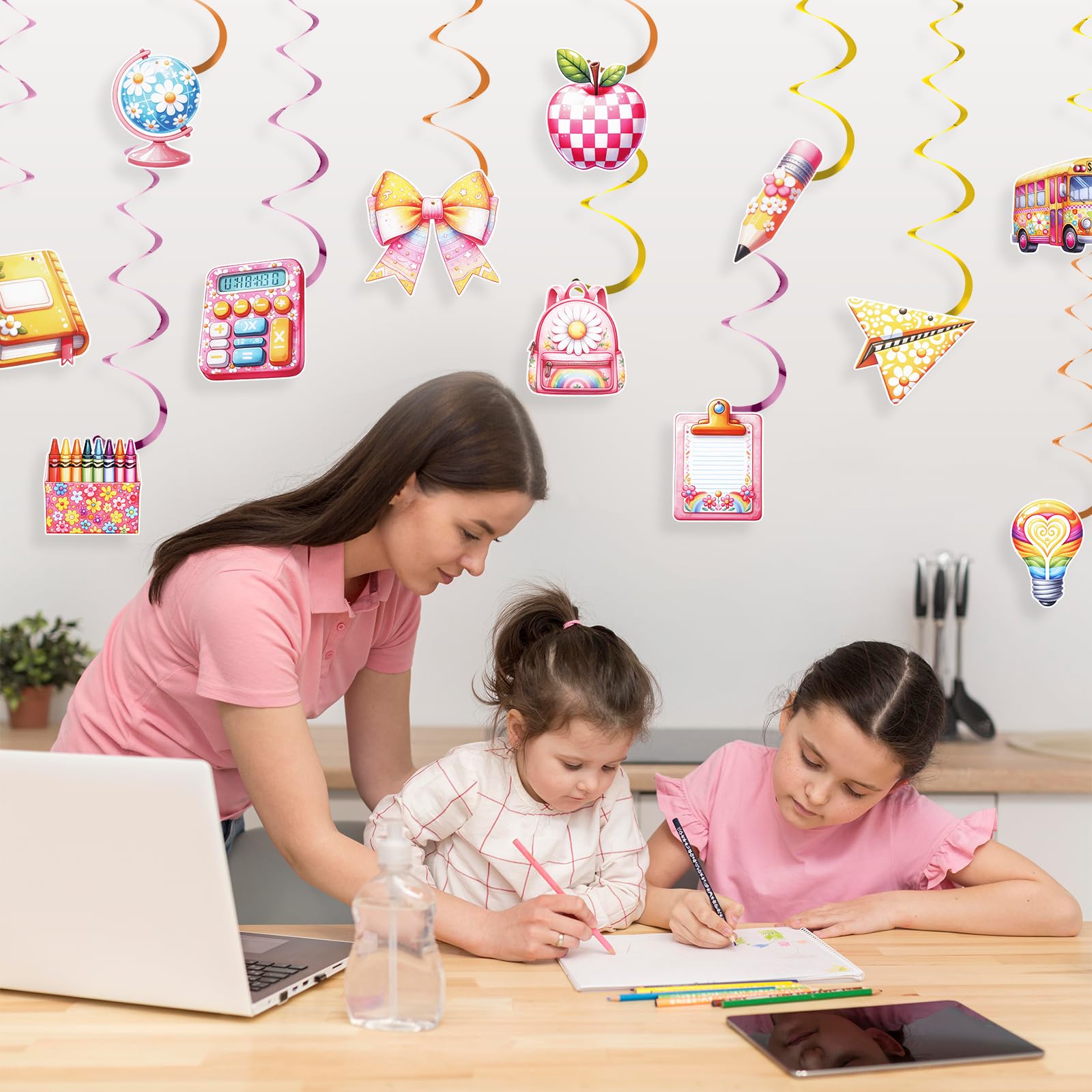 12 pezzi di decorazioni per l'iscrizione scolastica con anelli a spirale appesi,ghirlande per il ritorno a scuola con motivi di fiocchi,decorazione a scuola per bambini in età scolare del 2025