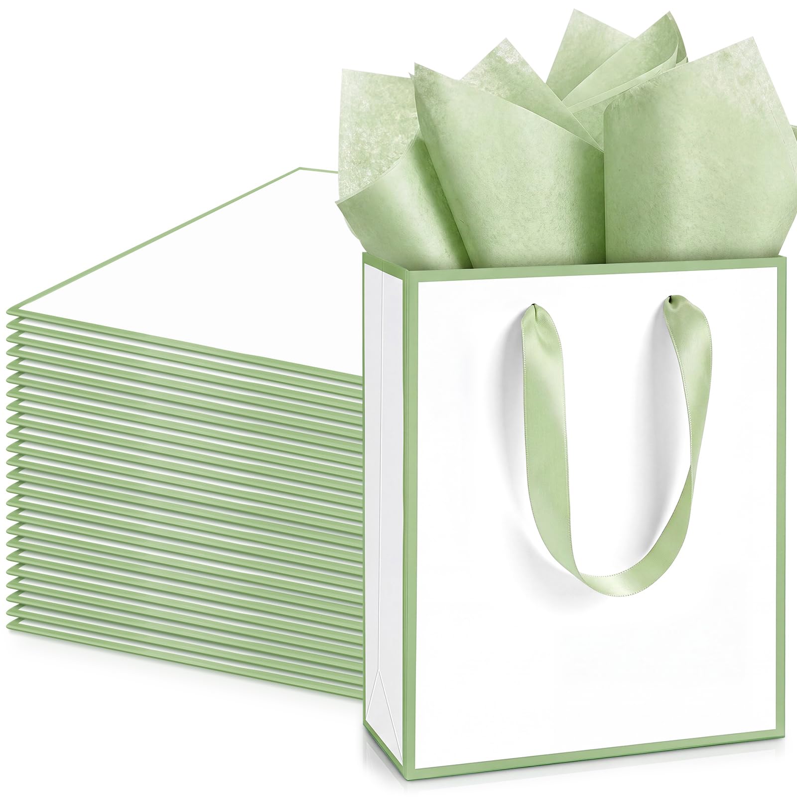 Yeaqee 24 Pack Metallic Paper Gift Bag with Tissue, White, Sage Green