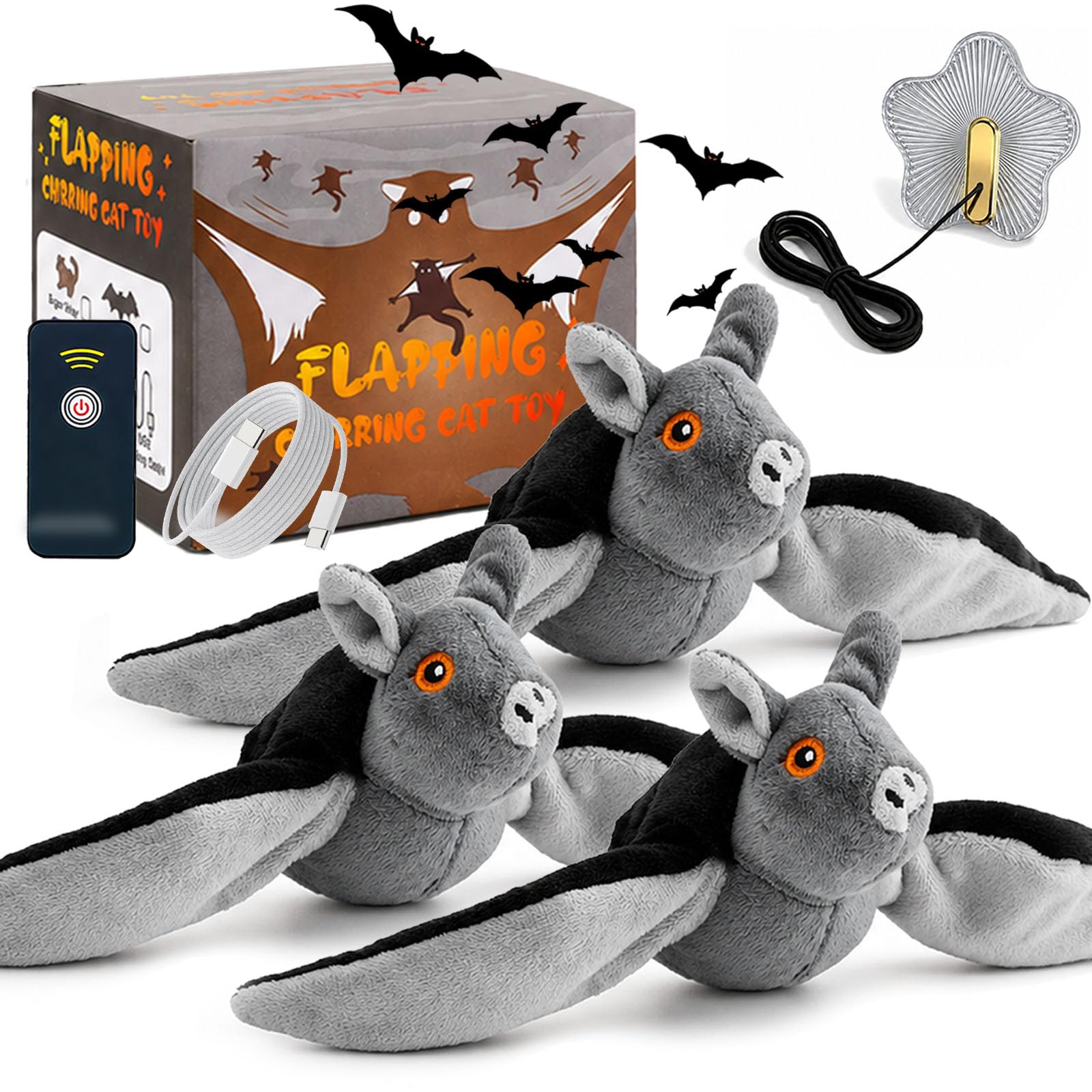 Pealeaf Murciélago Volador para Perros y Gatos, Juguete Interactivo de Peluche Recargable por USB con alas móviles, Hierba gatera y Gancho para perseguir en Interior (3PCS)